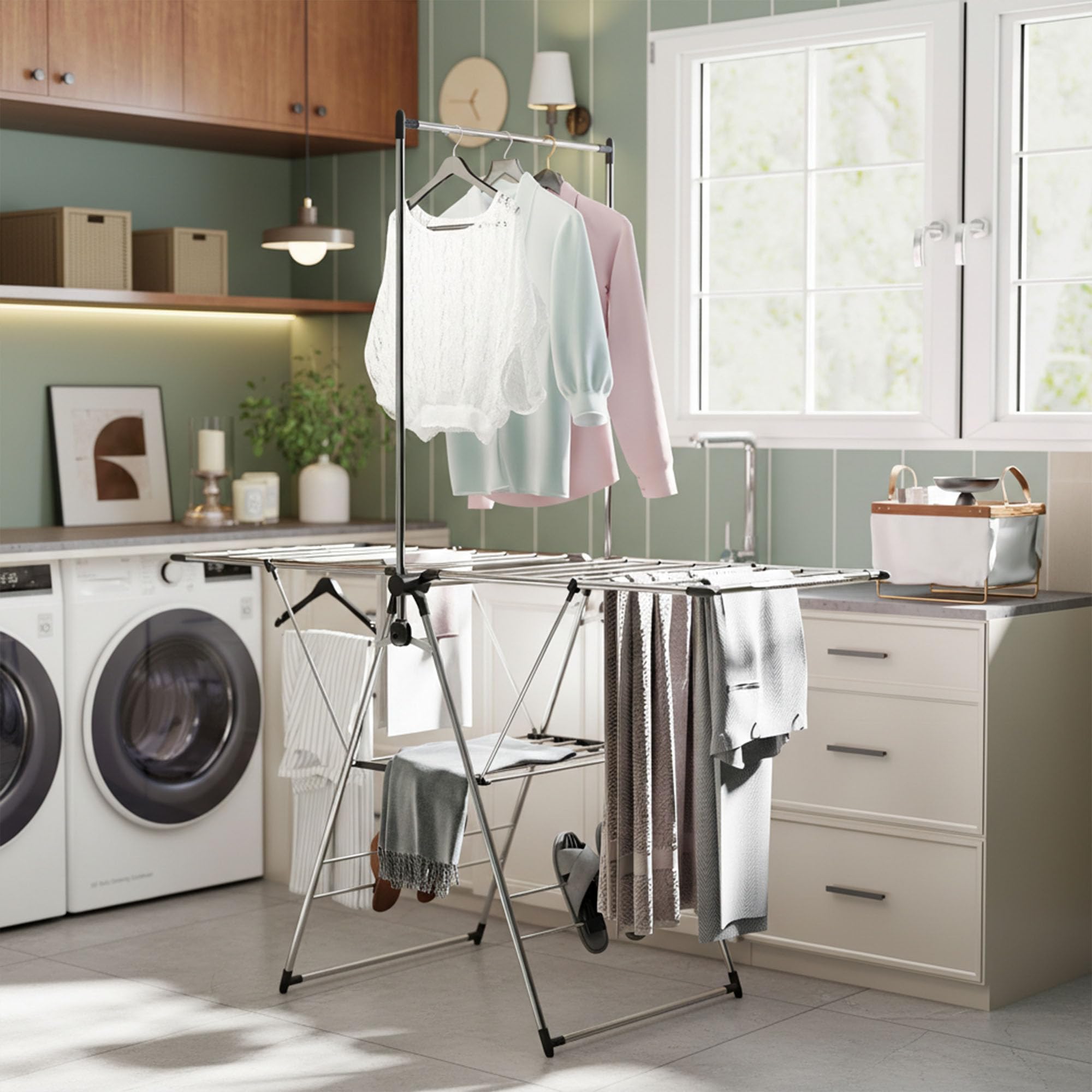 HOMCOM Wäscheständer Turm Faltbar 2 Ebenen 156,5x68x192cm Silber | Verstellbare Flügel, Schuhhalter, Standtrockner, Flügelwäscheständer, Wäschetrockner, Edelstahl, für Innen- und Außenbereich