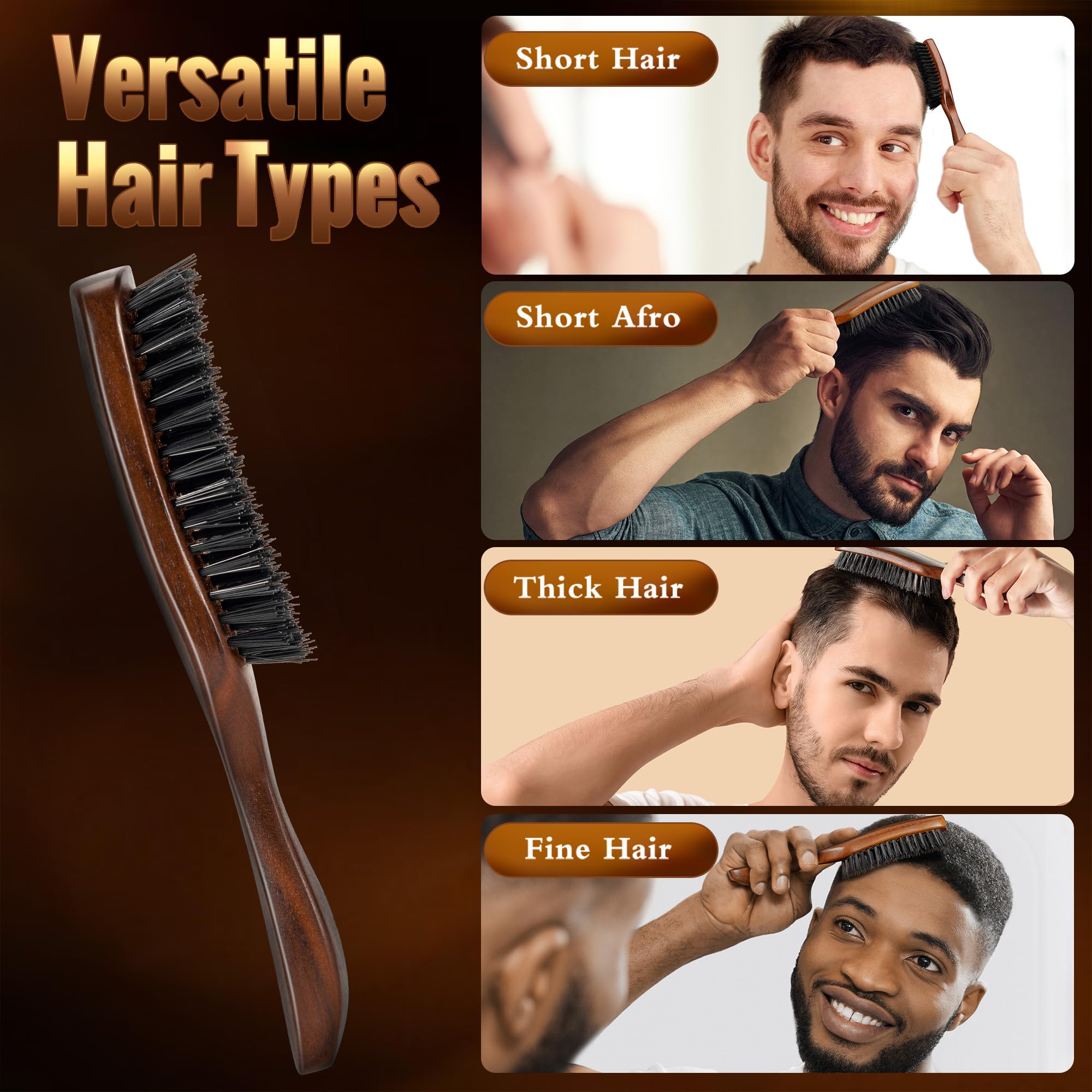 STYLEMATE Spazzola per capelli da uomo, con setole rigide in nylon, per capelli spessi, con manico in legno di noce nero naturale per lisciare, districare, acconciare