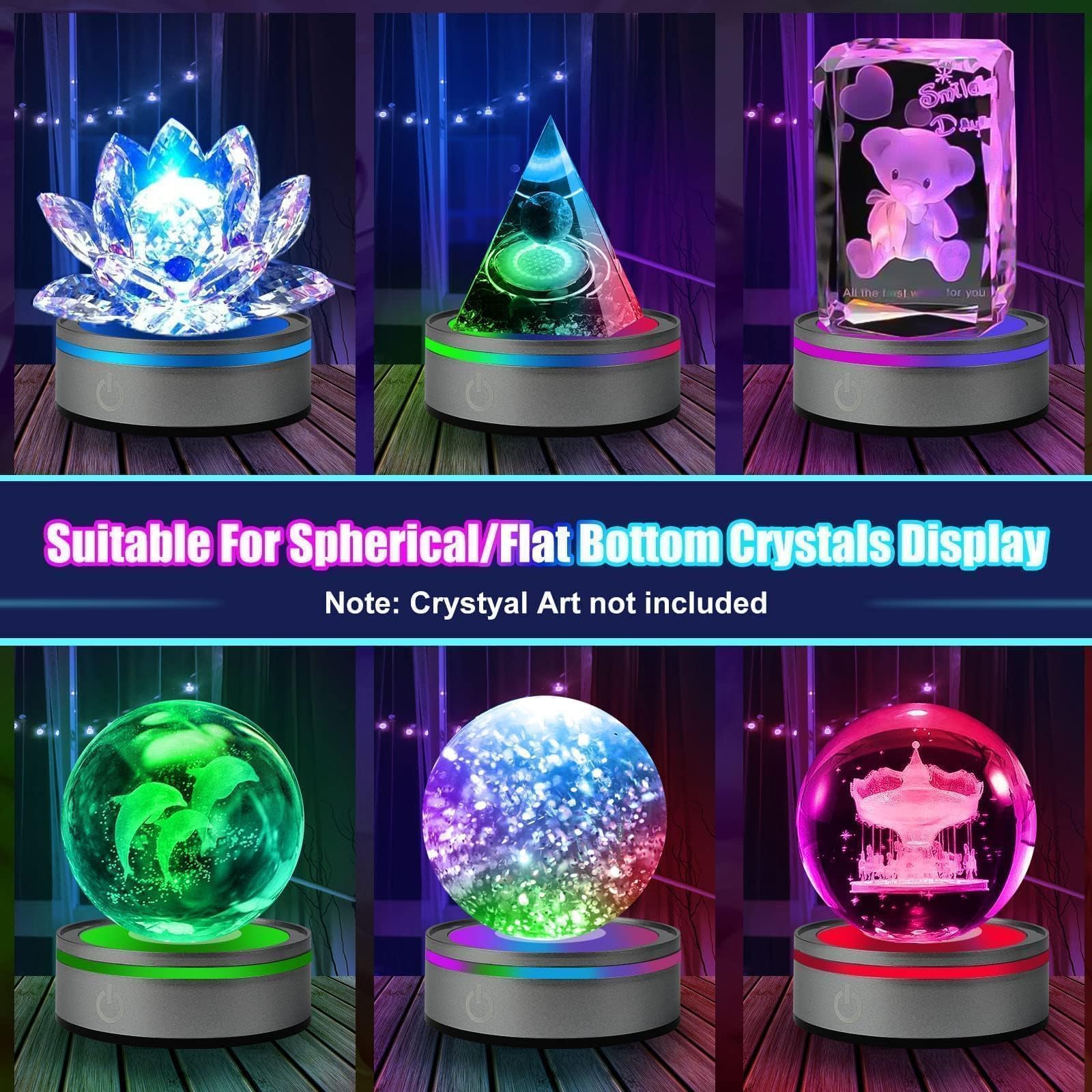 EEEKit 2 Stück Led Licht Sockel, 6 Farben Rund Led Leuchtsockel Display Basis Ständer für Kristall Glas Flat Concave Base