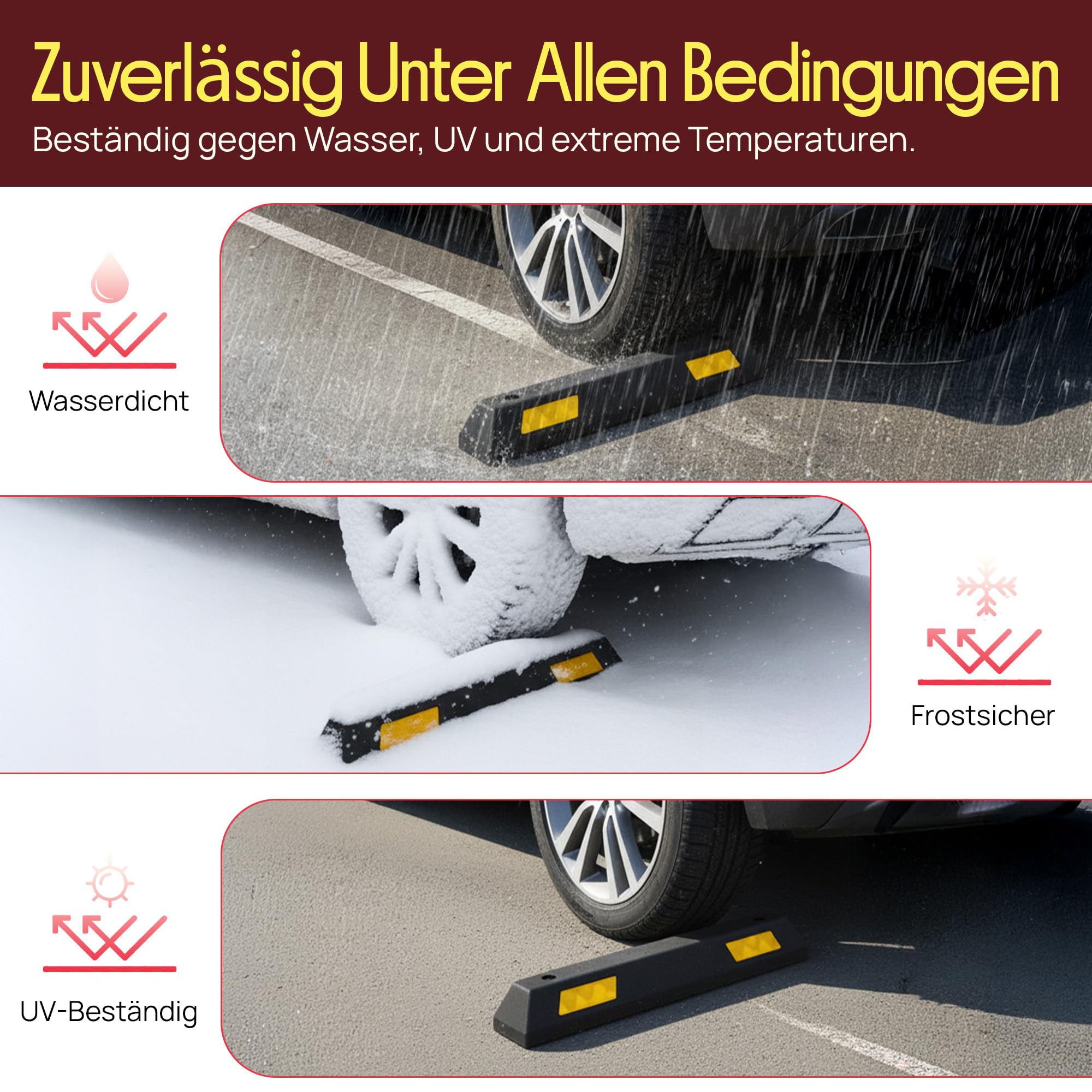 Pyle Parkplatzbegrenzung Anfahrtschutz Set – Garagenstopper für das Auto ohne zu Bohren oder mit Befestigungsmöglichkeit, Radstopper aus Hartgummi, Garagen Parkhilfe mit Reflektionsstreifen, 4er Pack