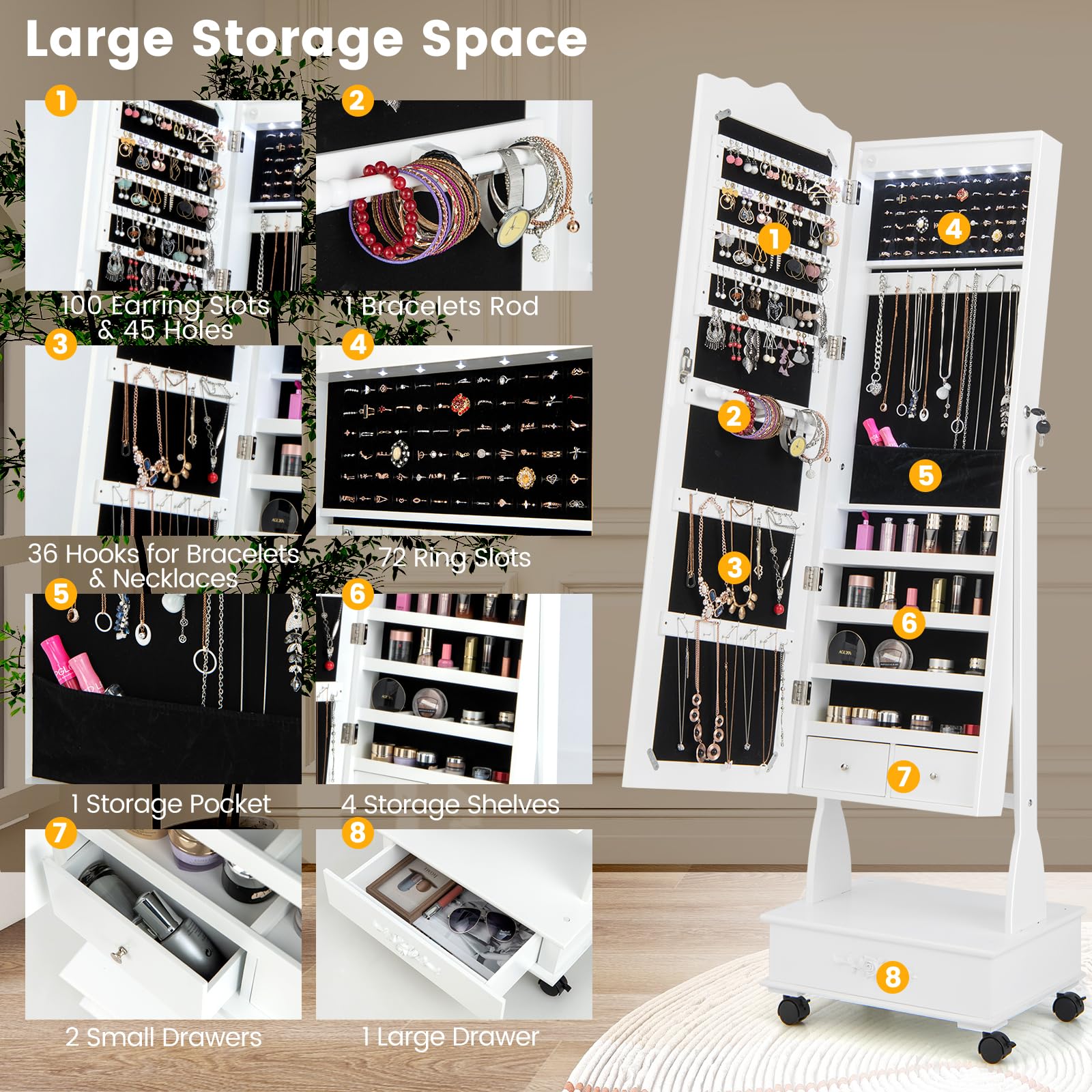 HOMASIS 2 in 1 Schmuckschrank mit Ganzkörperspiegel & LEDs, 360°beweglicher Schmuckregal mit 3 Schubladen & 4 Ablagen aus Holz, abschließbarer Spiegelschrank mit Kettenhaken & Ringverschluss (Weiß)