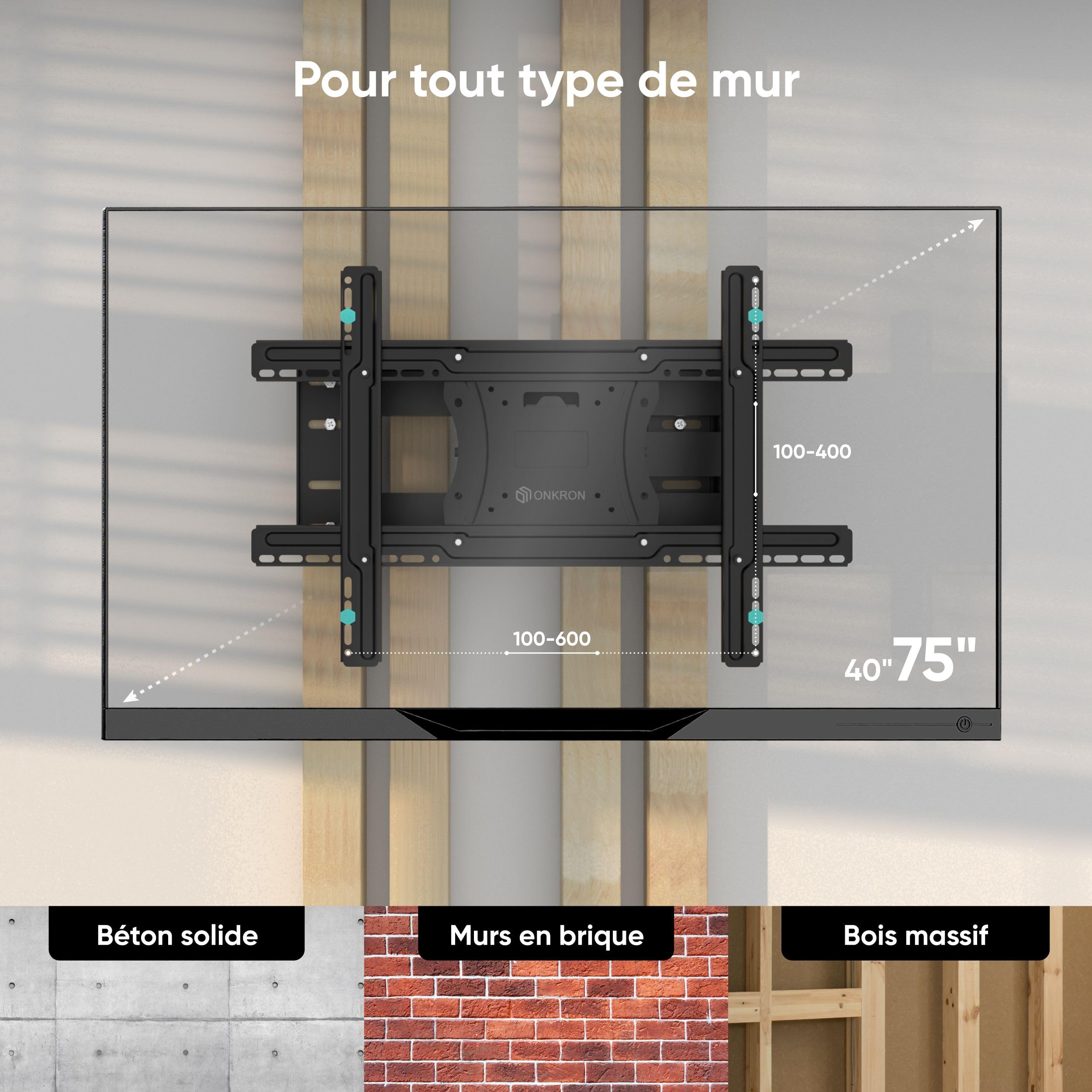 ONKRON Support Mural TV Orientable et Inclinable pour 40-75 Pouces, Support TV Mural Poids 68 kg, Accroche Tele VESA 100x100-600x400, Bras Tele Longue Portée, Fixation Murale TV, Long Arm Noir M7L-B
