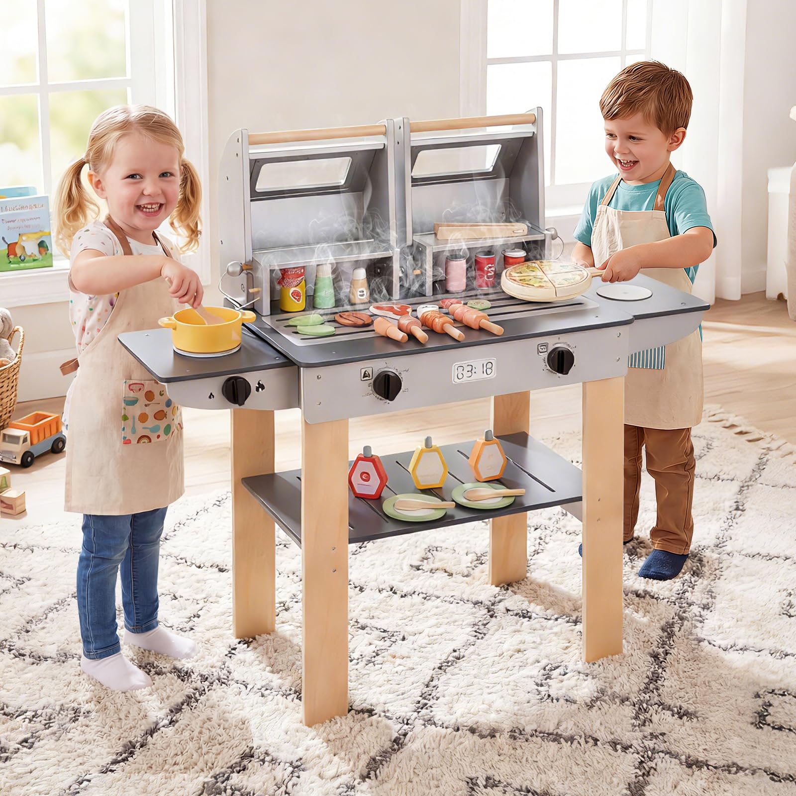 FANTASK Juguete para Barbacoa Infantil, Barbacoa con Cubiertos para Barbacoa y Alimentos para Juegos, Cocina de Barro con 2 barbacoas y Tapas abatibles, Juego de Cocina para Exteriores para niños a