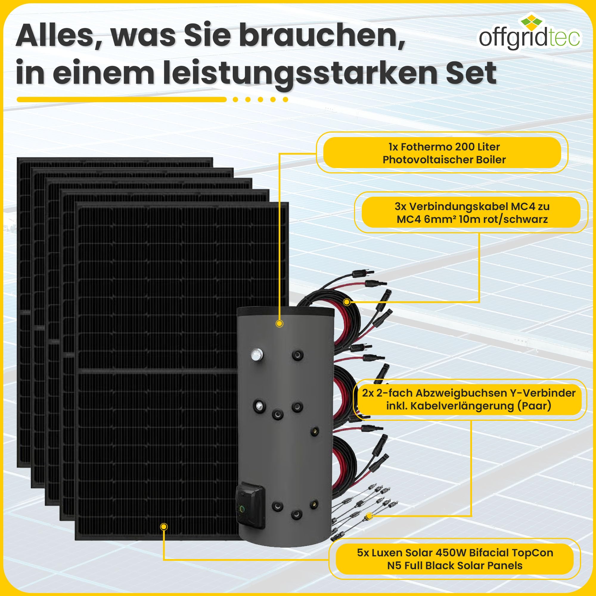 Calentador de agua solar Offgridtec 450W con caldera híbrida Fothermo 30L, listo para usar, fuente de alimentación de emergencia 230 V hasta 1500 W, 65 °C máx. Rendimiento del 22,52%, IP24/IP68