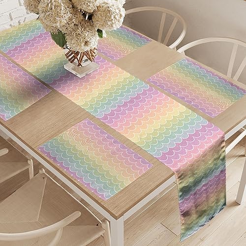 Miniatura 2 de Ambesonne Camino de mesa de cola de sirena y manteles individuales, patrón de escamas onduladas retro en tonos efectos grunge, juego para decoración