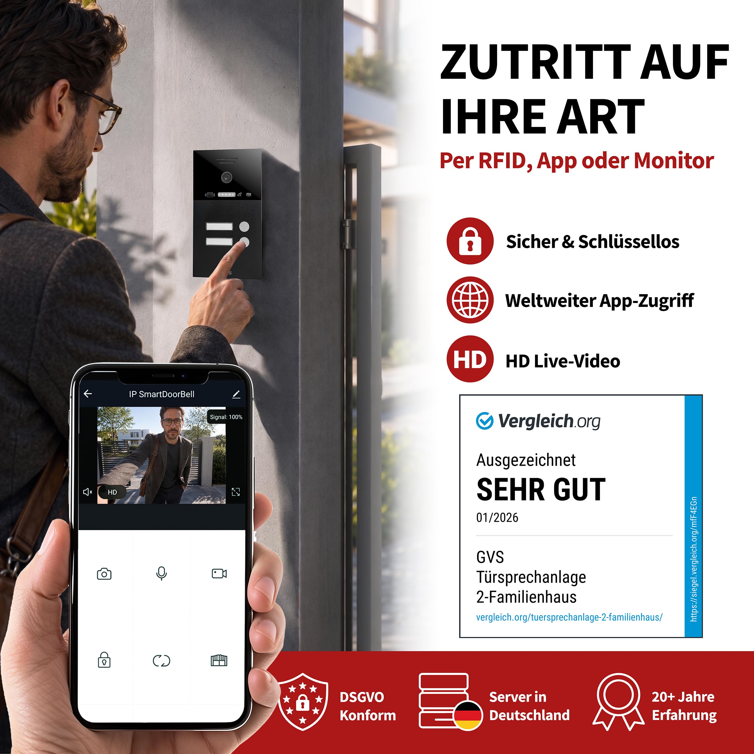 GVS - IP Video Türsprechanlage 2-Familienhaus mit Türöffner (RFID), HD Kamera, 2x7 Zoll Monitor & App - Smarte Video Türklingel mit Kamera & Gegensprechanlage (AVS4288U)