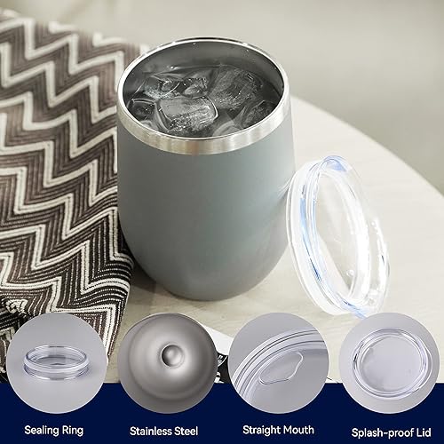 Miniatura 3 de DOMICARE - Vaso de vino de 12onzas con tapa, hecho de acero inoxidable con aislamiento al vacío de doble pared, paquete de 1 unidad, color gris