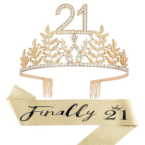 Banda y tiara dorada de 21 cumpleaños para ella, decoraciones de cumpleaños número 21 para ella, regalos de cumpleaños 21 para ella, banda de