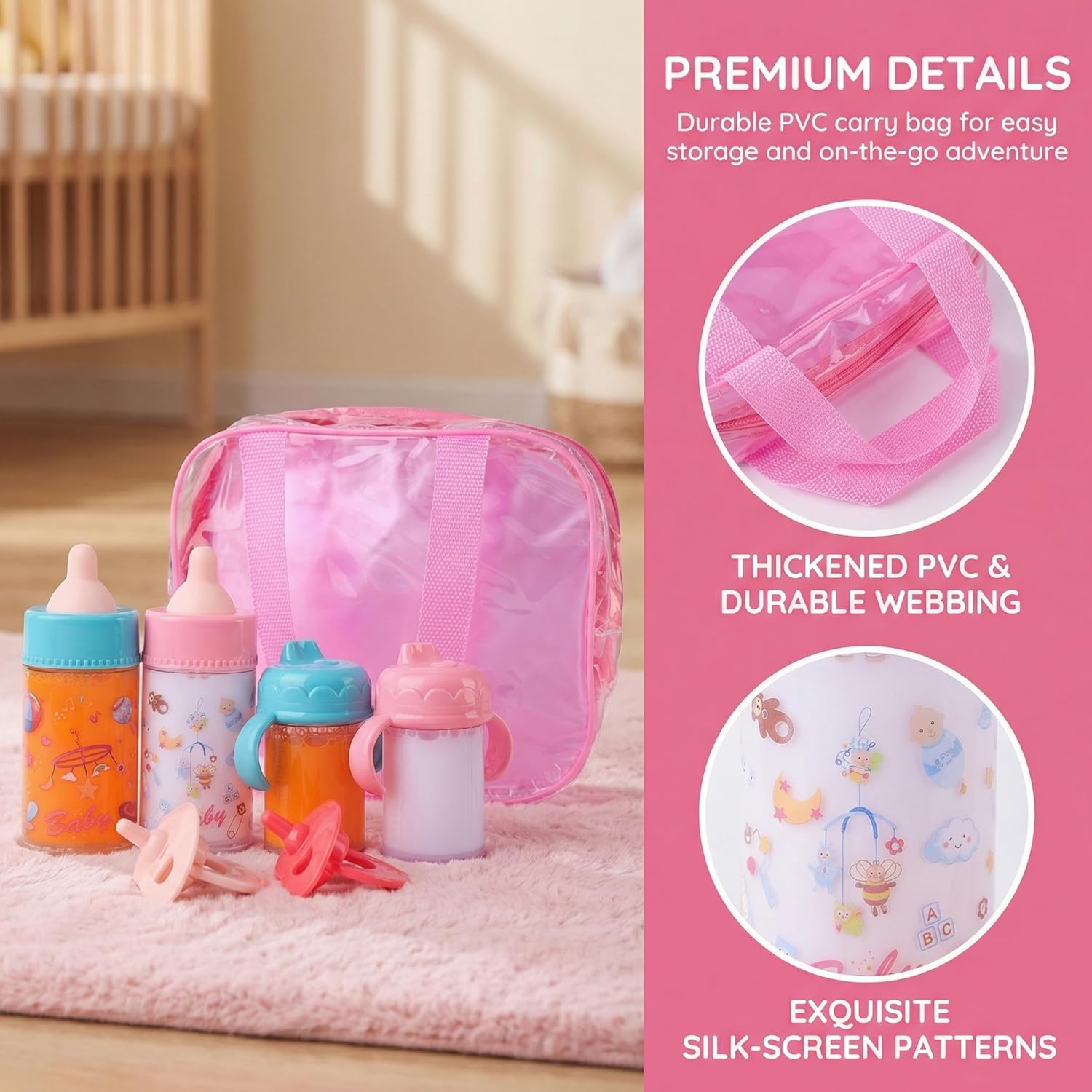 Baby Doll Feeding Set - Toddler Role Play Toys with 2 Milk Bottles, Juice Bottle & Pacifier in Transparent Portable Pouch, Realistic Liquid Drop Design for Girls 3 Year Old (C)
