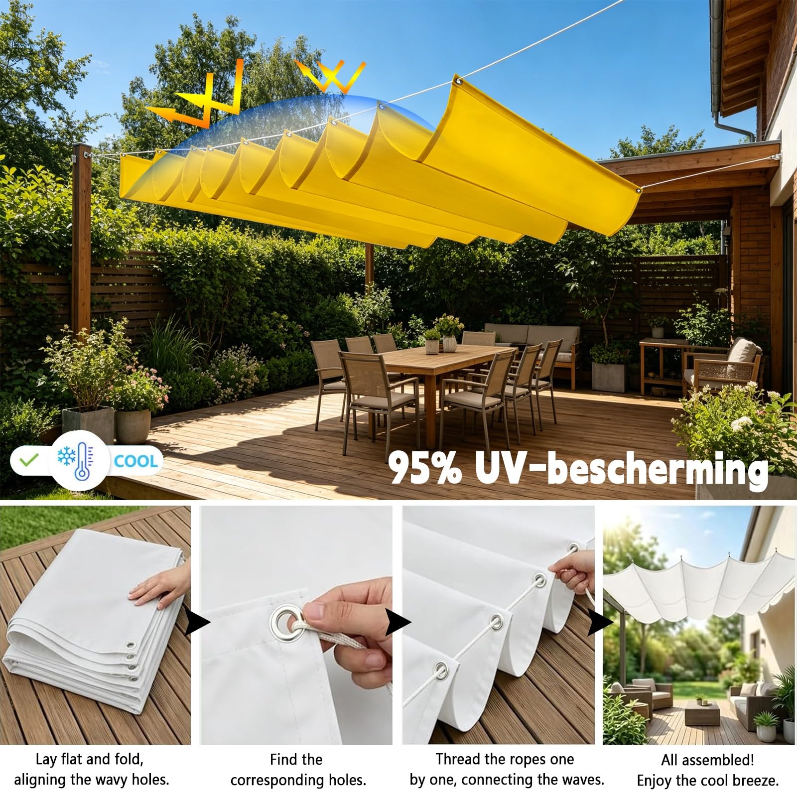 Einziehbare Welle Sonnensegel 3 x 3.5 m Pergola, Wasserabweisend Einziehbar Welle Überdachung, Uv-Schutz 50+, Wetterfest, Sonnenschutz für Garten Pergola Balkon Terrasse, Gelb
