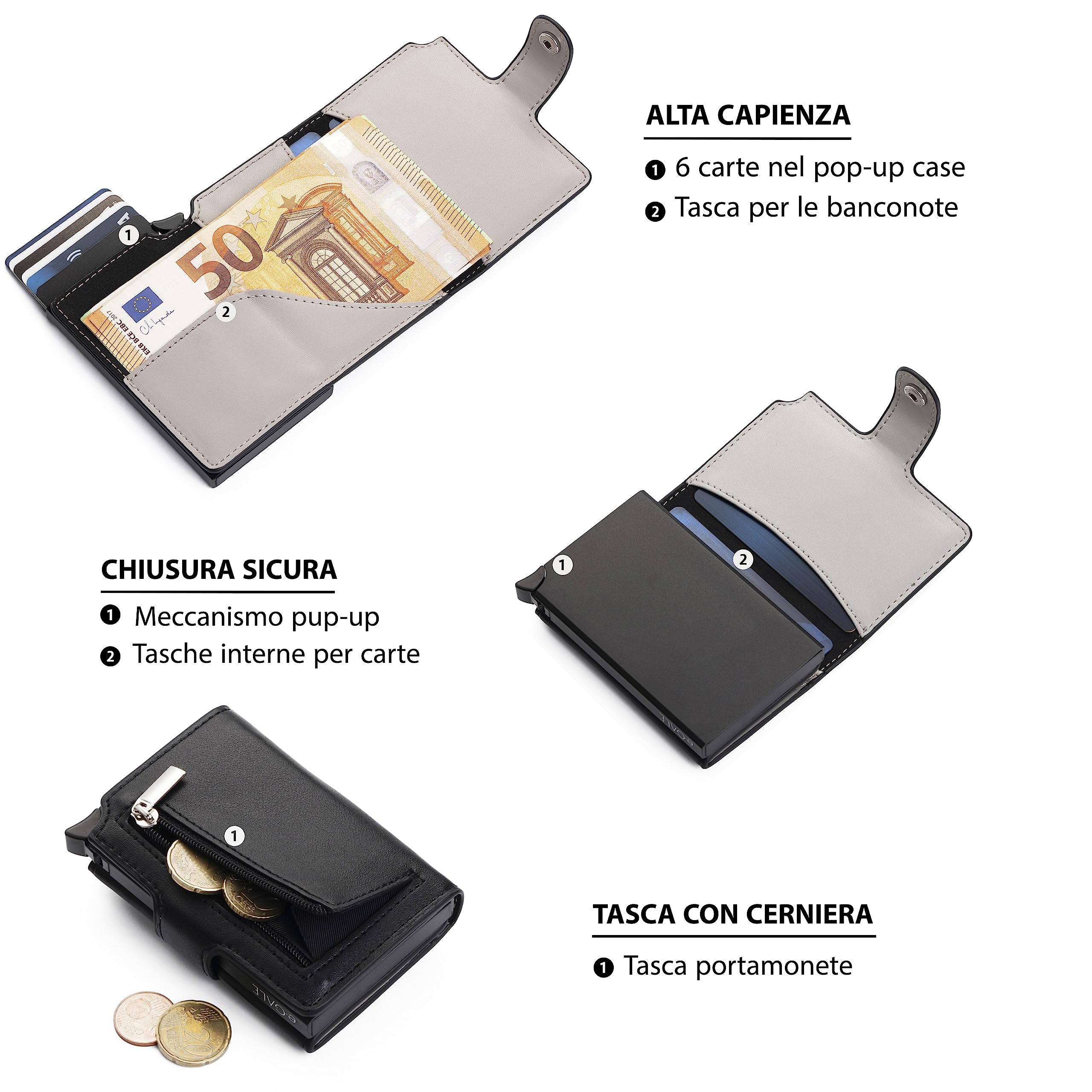 e-GALE Porta carte di credito uomo - Portafoglio Uomo Slim RFID - portacarte uomo pop up - Scomparti per tessere, banconote e monete - Elegante e Compatto - Con confezione regalo