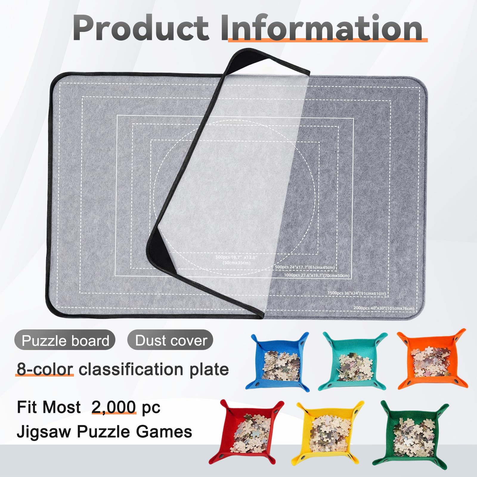 Tavolo puzzle da 2000 pezzi con copertura, puzzle pieghevole, accessori puzzle 105 x 80 cm, super leggero in feltro con 8 scomparti per la selezione e 1 copertura, piatto puzzle portatile, grigio
