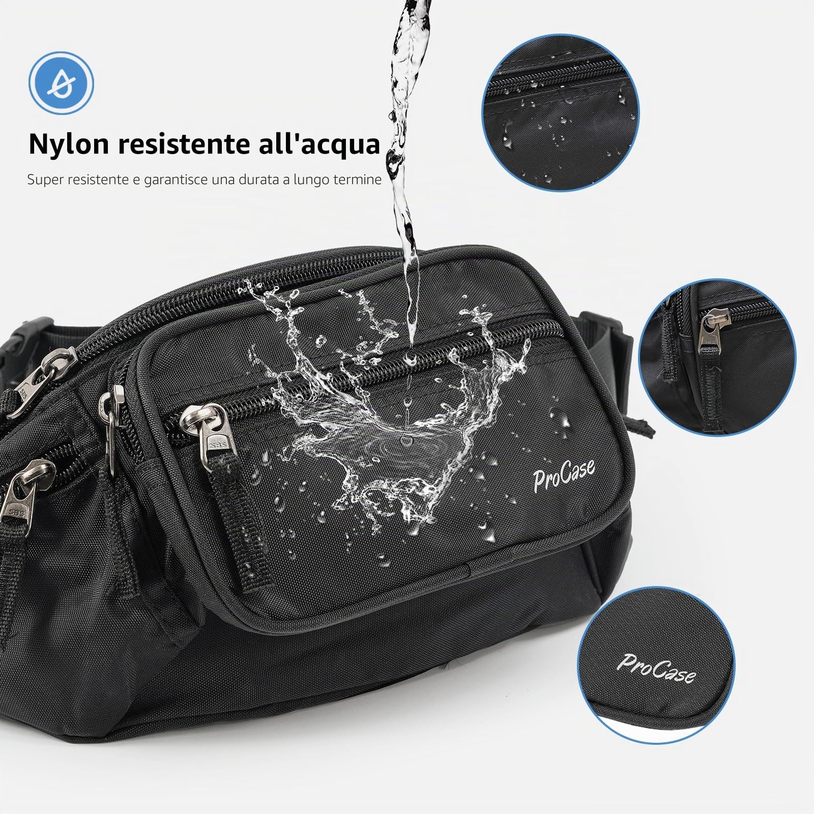 ProCase Marsupio Uomo Nero con 6 Tasche, Marsupio da Lavoro Sportivo Viaggio Trekking, Fanny Pack Bag in Nylon con Cinturino Regolabile e Fibbia a Sgancio Rapido