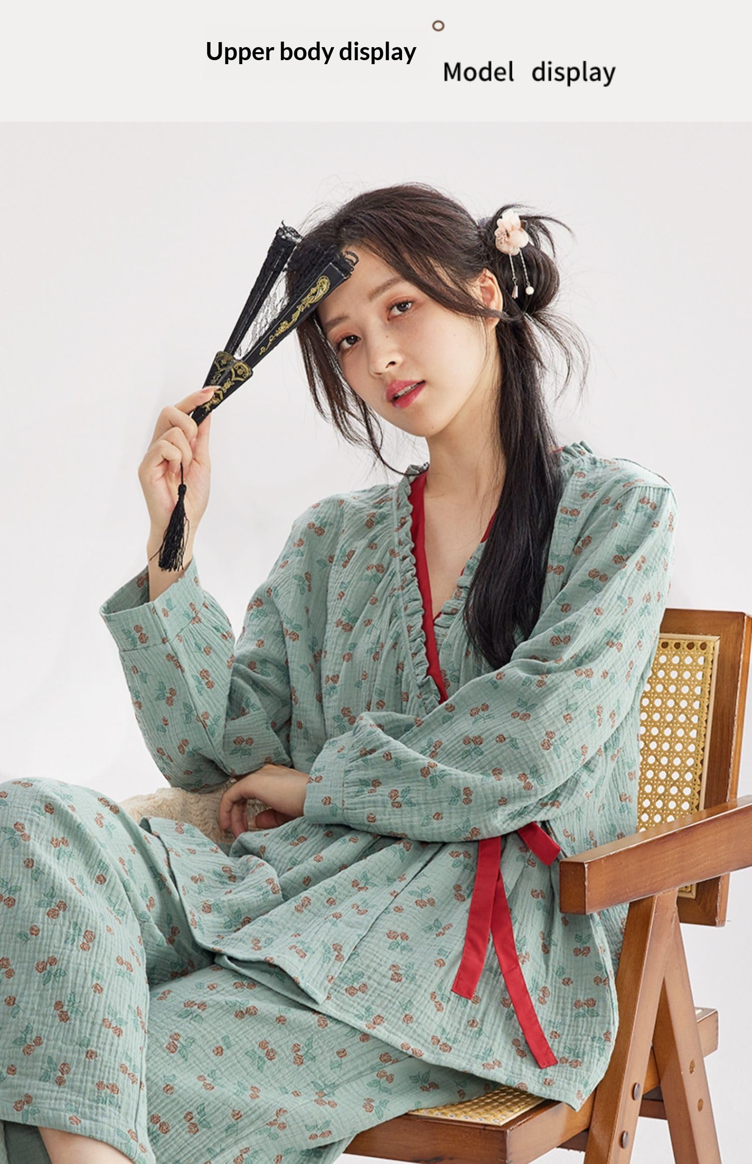 PRINCESS BRIDE Conjunto de pijama estilo kimono japonés de gasa de algodón de doble capa, conjunto de pijama retro con cinturón, ropa de dormir suave para mujer