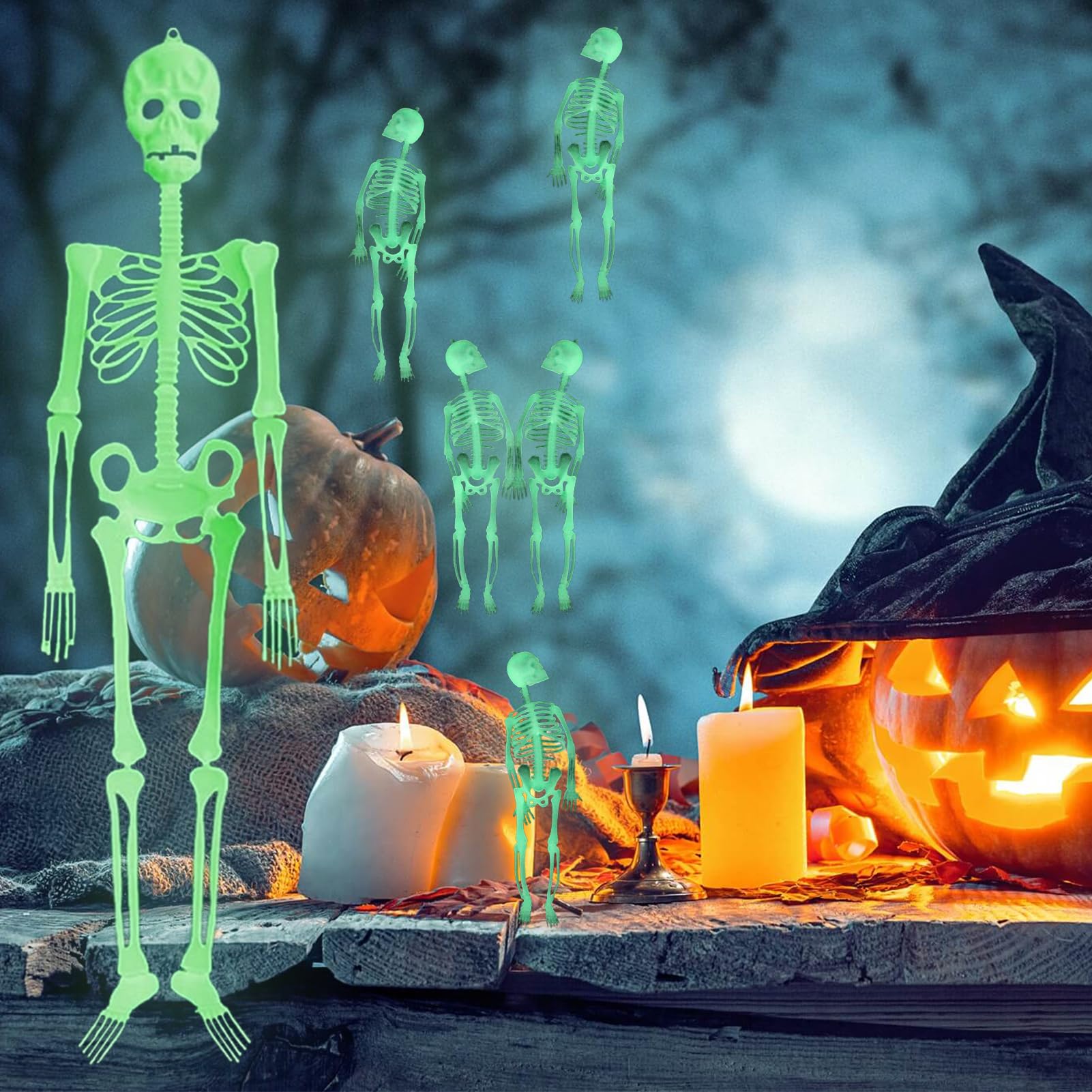 3 Stück Halloween Skelett Deko | Leuchtend Im Dunkeln | 90cm + 2x 30cm | Grusel Dekoration