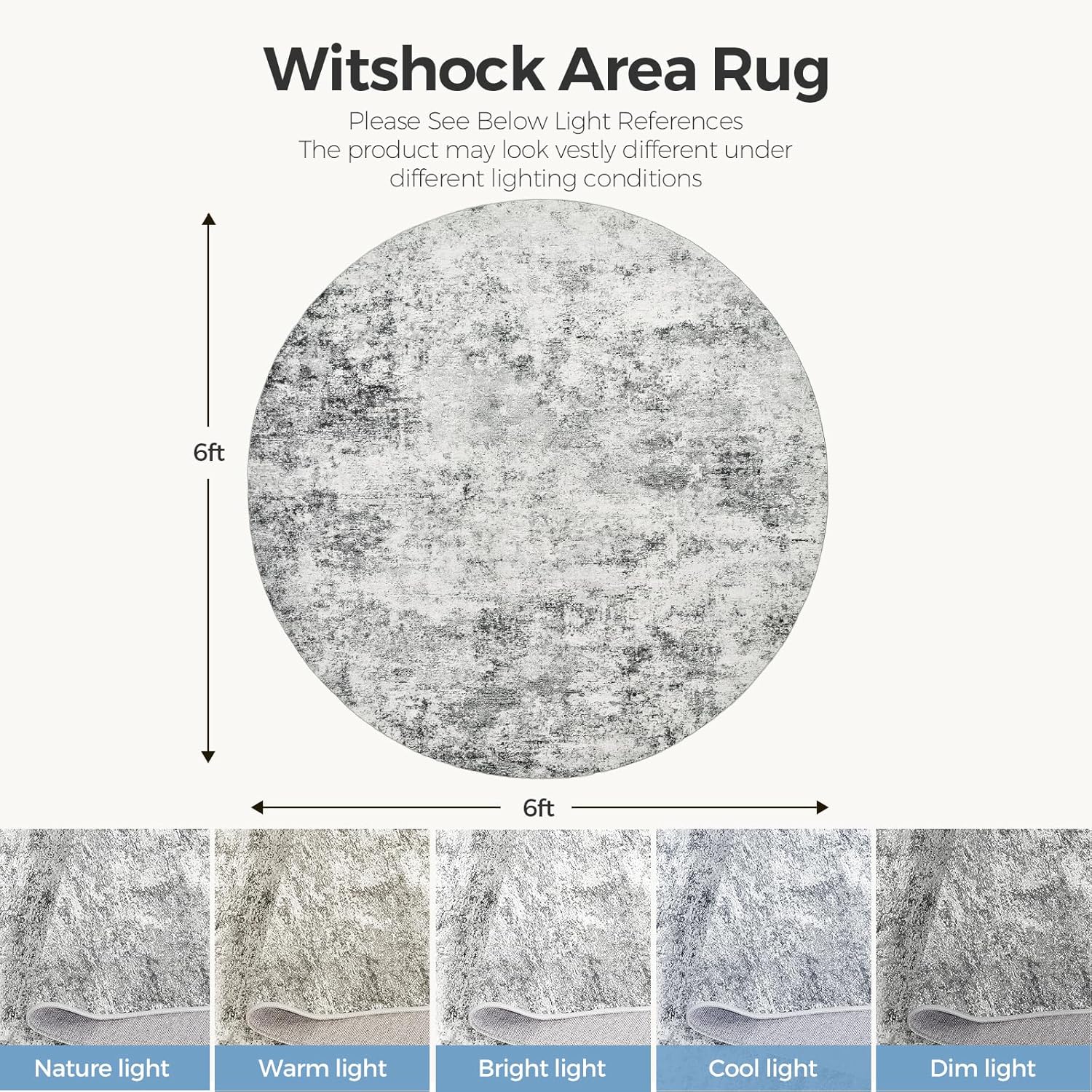 WITSHOCK 6ft Round Area Rug for Living Room: 6x6 Washable Neutral Modern Abstract Soft Thin Rug Indoor Floor No Slip Rug Carpet for Bedroom Under Dining Table Home Office Decor (Gray)