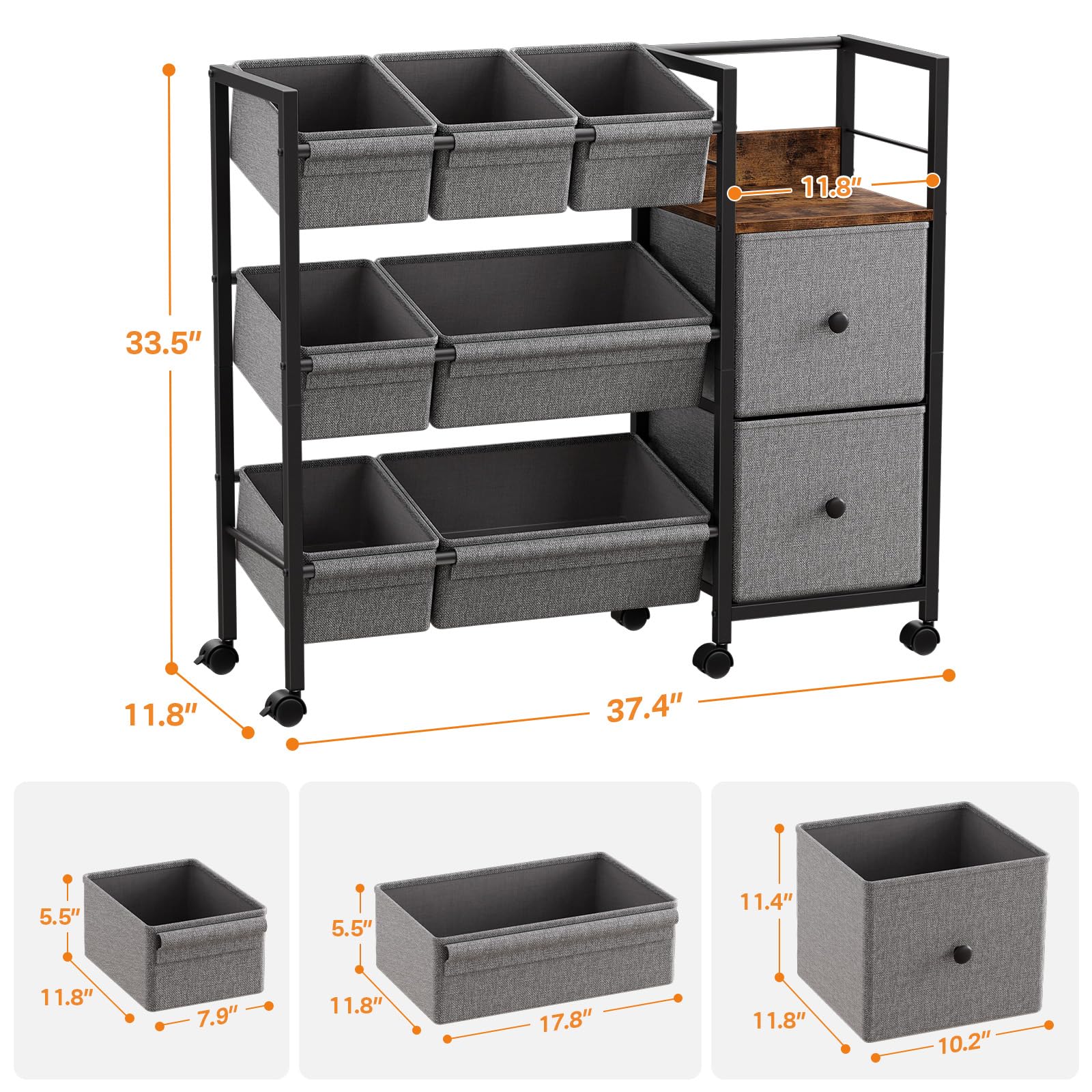 Modanais Kids Toy Organizers and Storage Bins - 7 Storage Bins + 2 Fabric Drawers + 1 Bookshelf, Playroom Storage, Mobile Cart Organizer for Toy, Clothes, Blankets and Books - Black