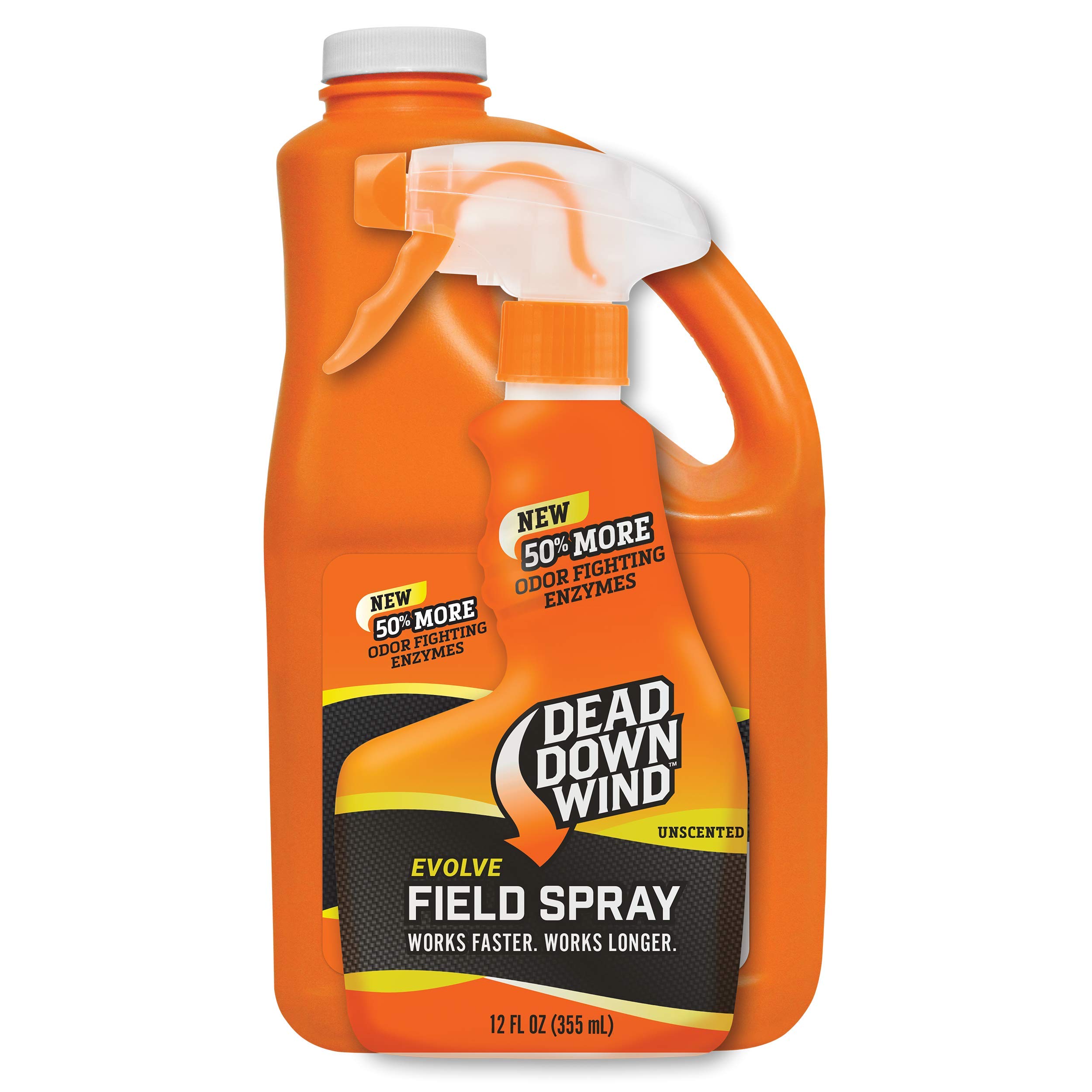 DEAD DOWN WINDEvolve Field Spray Combo â€“ 12 oz. & 64 oz. Refill Bottle, Unscented, Broad-Spectrum, Odor-Eliminating Hunting Spray, Orange