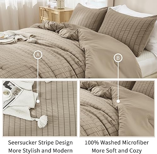 Miniatura 4 de AveLom Juego de edredón tamaño Queen de sirsaca gris pardo (90 x 90 pulgadas), 3 piezas, 100% microfibra lavada suave, edredón ligero con 2 fundas