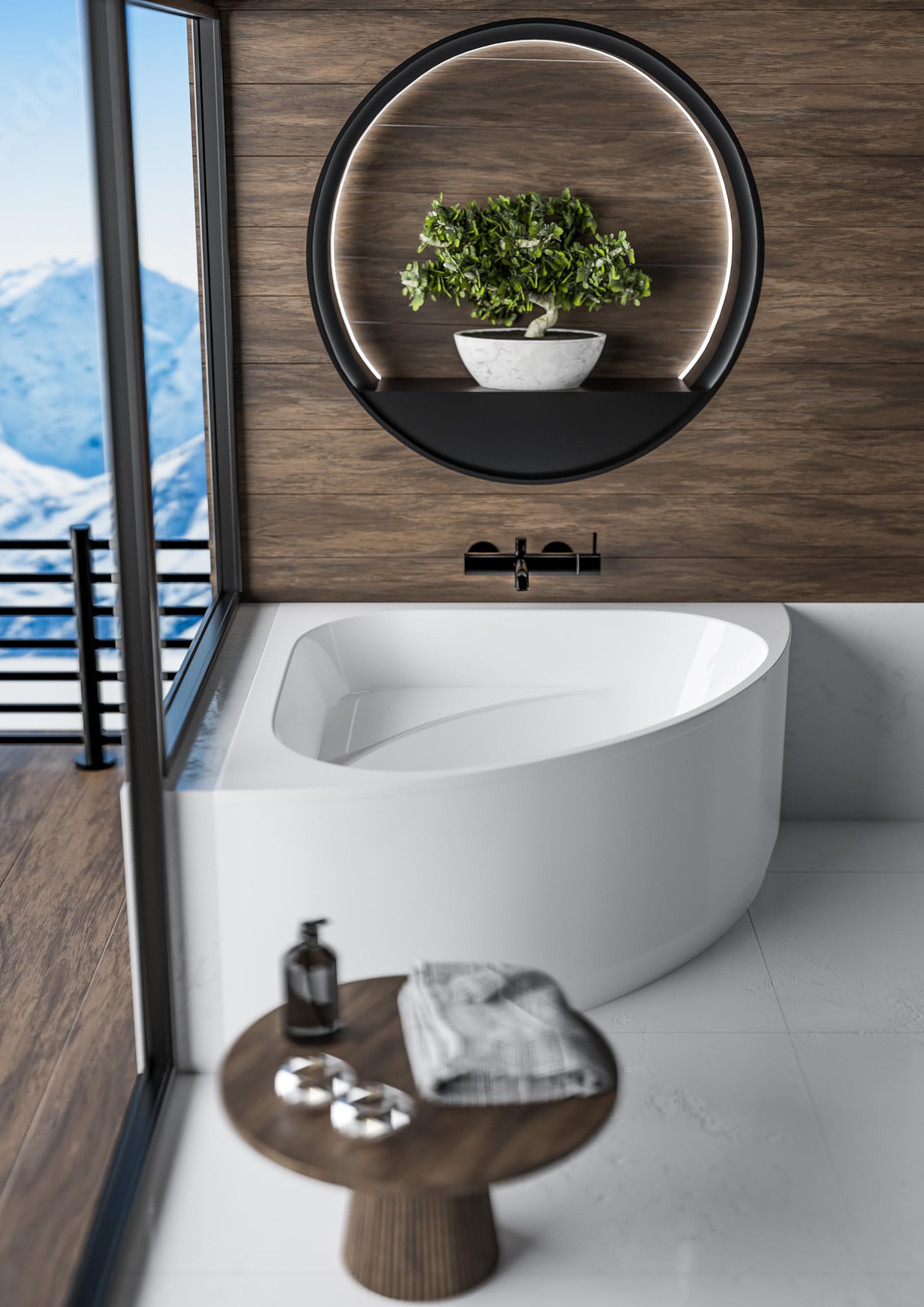 ECOLAM Baignoire d'angle acrylique symétrique Dina 140x140 cm | tablier en acrylique | pieds siphon et silicone