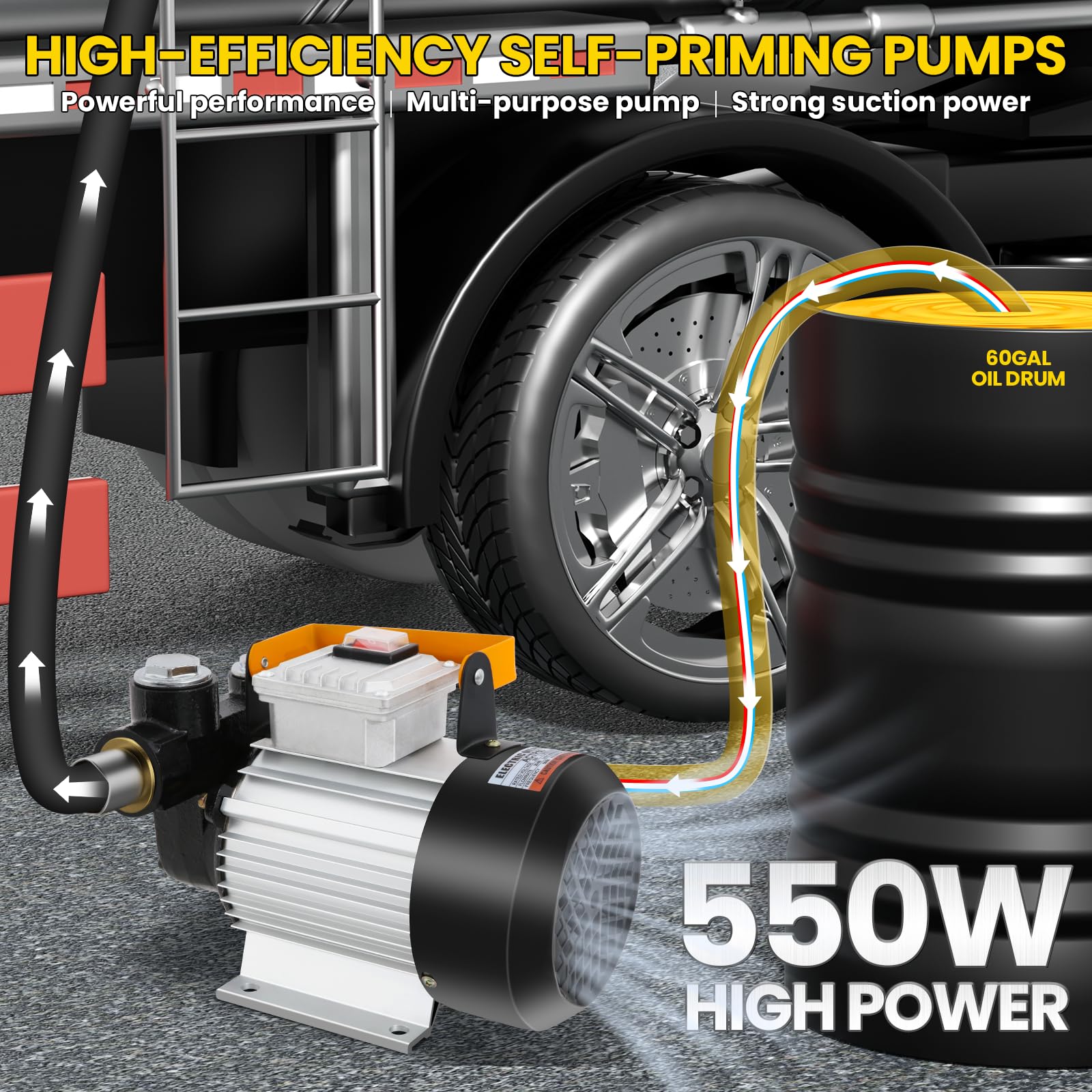Dieselpumpe 550W,20-60l/min Heizölpumpe mit Düse und 4m Schläuchen zum Fördern von Diesel，Kerosin und Heizöl,Tragbare Kraftstoffpumpe Für Haus, Bauernhof & Baustelle