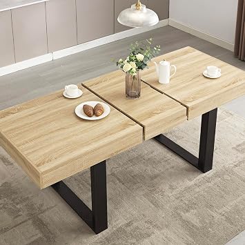 63-79 Inch Extendable Dining Table, Oak Wooden Kitchen Table for 6-8