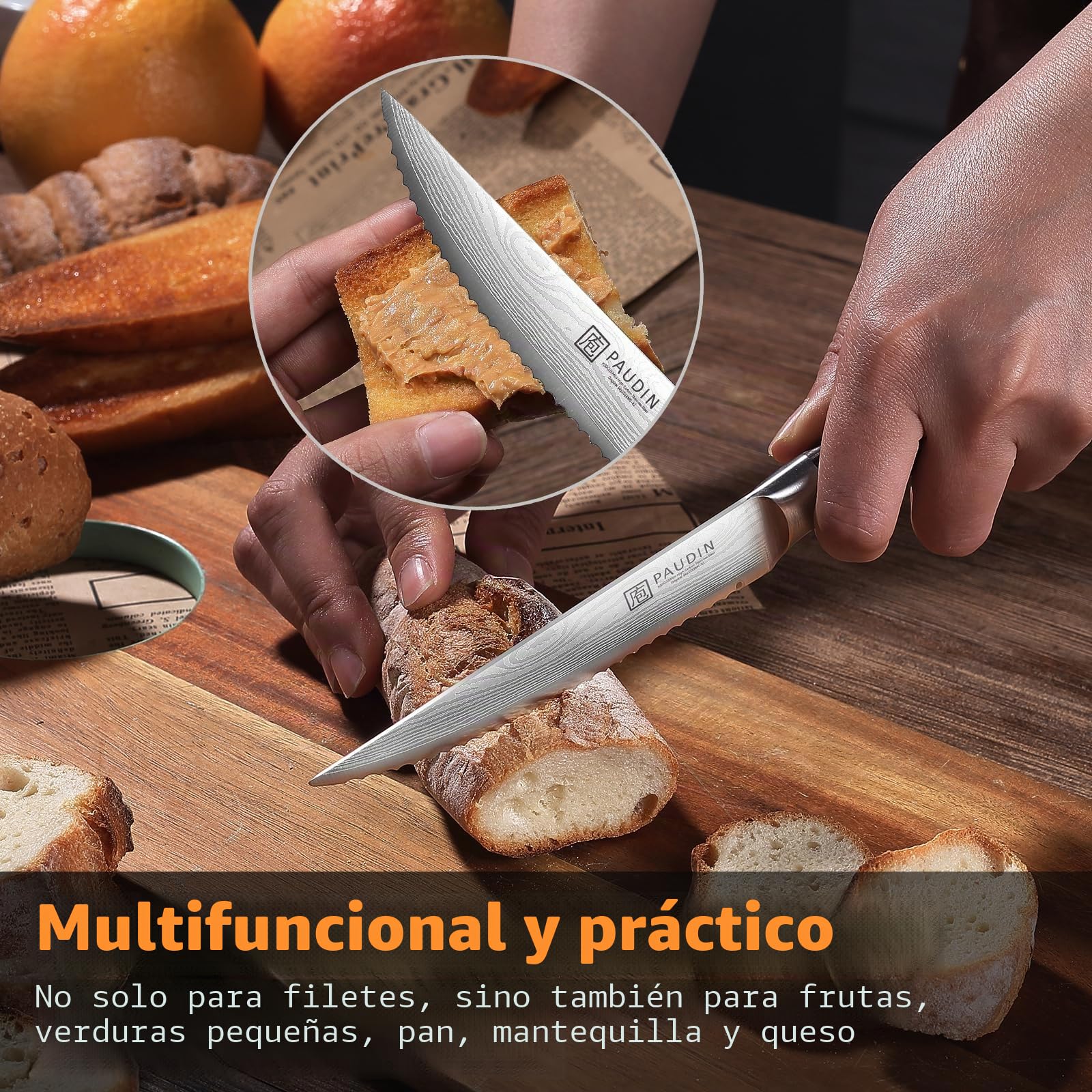 PAUDIN Juego de 6 cuchillos de carne, cuchillos de carne de acero inoxidable alemán, hoja dentada ultra afilada y mango ergonómico de madera, cuchillos de mesa con estuche de regalo