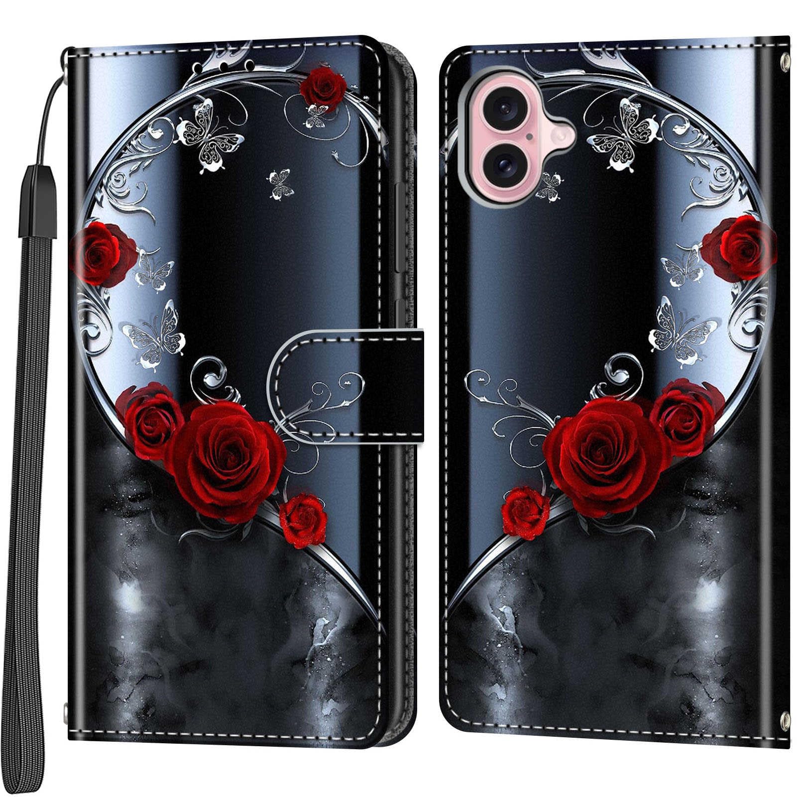 IPhone 15 Leder Flip Case – Mit 3 Kartenfächern, Ständer & Kameraschutz – Silberner Schmetterling Design