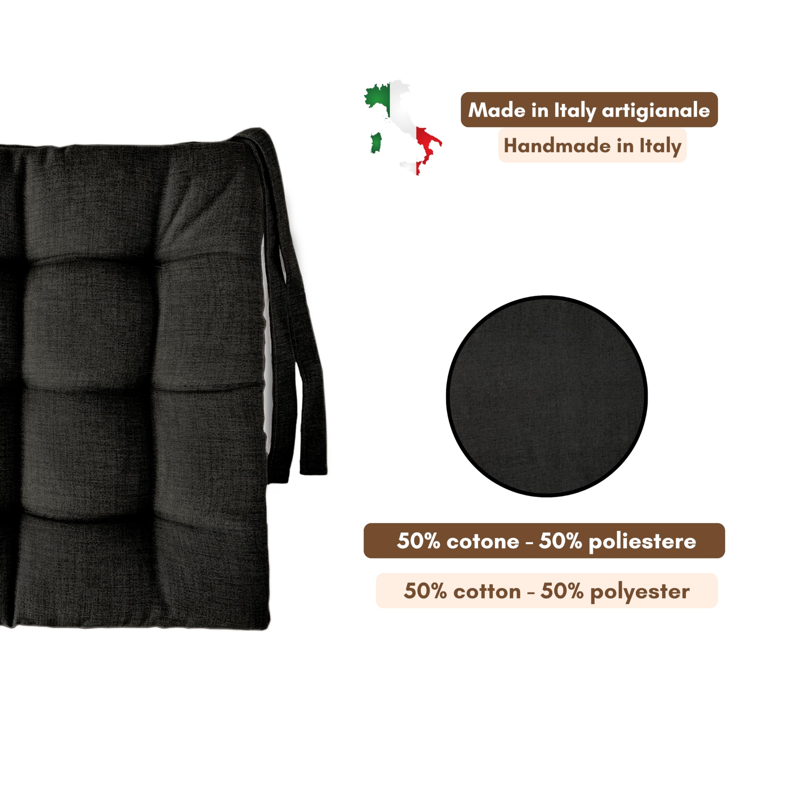 Il Tuo Artigiano Design Set van 6 kussens voor keukenstoelen, gemaakt in Italië, stoelkussens 40 x 40 cm, dikte 4 cm, katoen en polyester, badstof vulling (donkergrijs