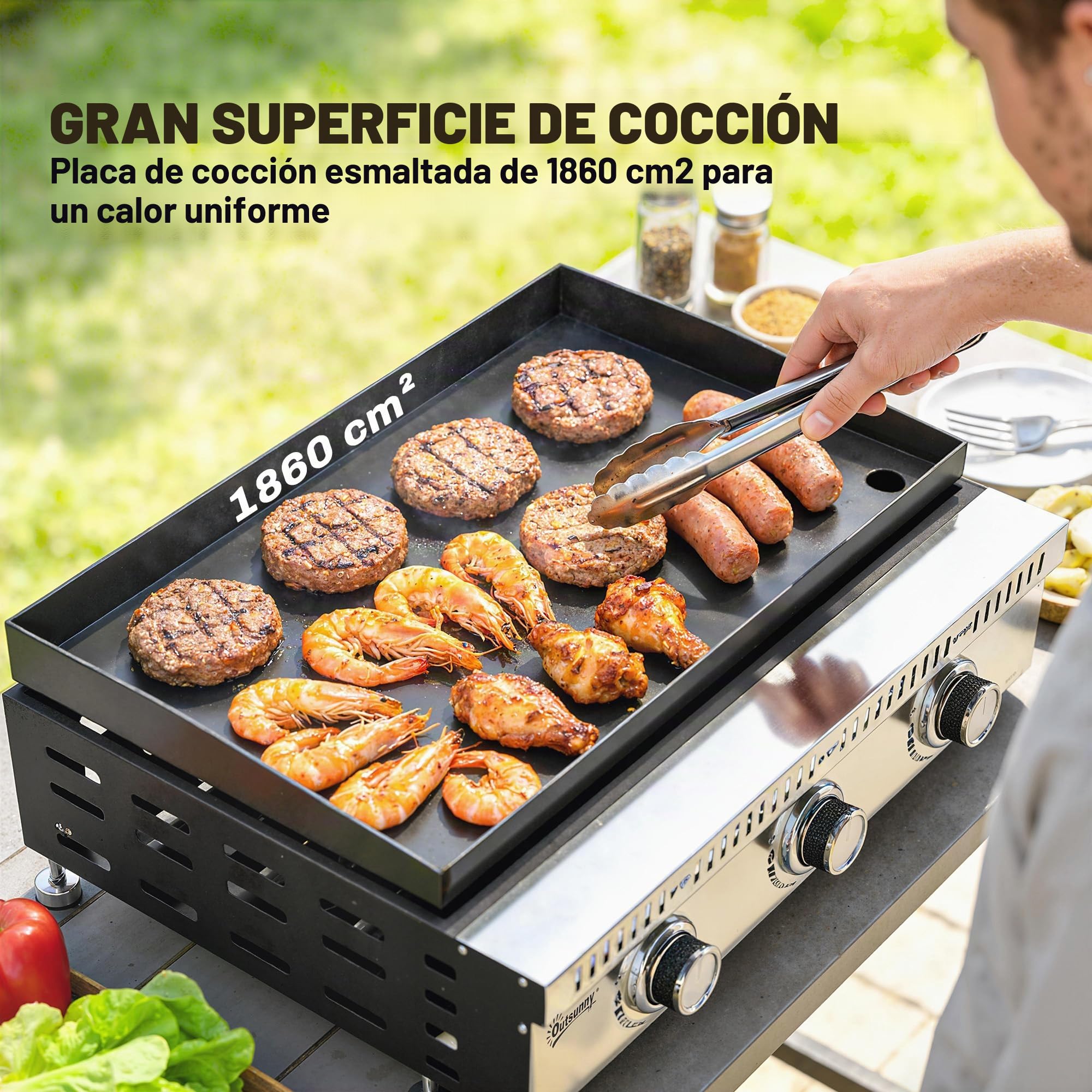 Outsunny Barbacoa de gas, 9 kW, 3 quemadores, acero inoxidable, superficie de parrilla 56,5 x 33 cm, con recogedor de grasa, propano/butano/GLP, portátil para camping, picnic y terraza, negro