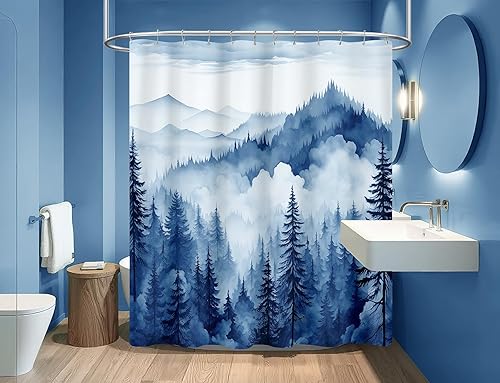 Miniatura 3 de Cortina de ducha de bosque brumoso azul marino, cortina de ducha de montaña azul y blanco para baño, decoración de paisaje natural, cortinas de baño