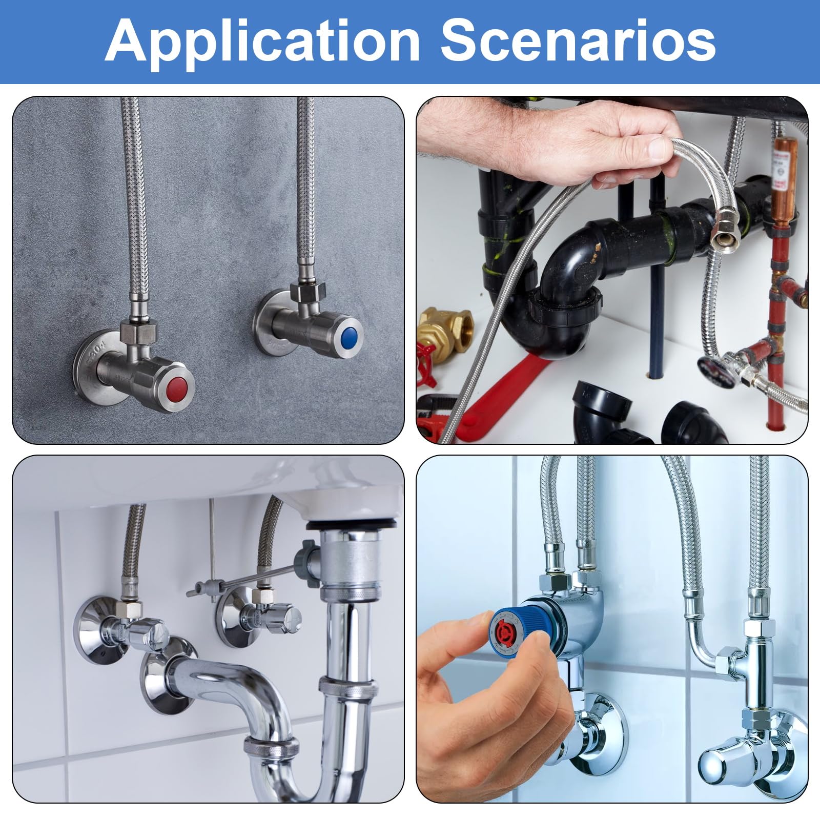 Tubo flessibile 3/8, 4 pezzi, tubo corazzato da 3/8 pollici, filettatura interna dell'acqua, prolunga 30 cm, 20 cm, tubo flessibile in acciaio inox, per rubinetto, bagno e WC