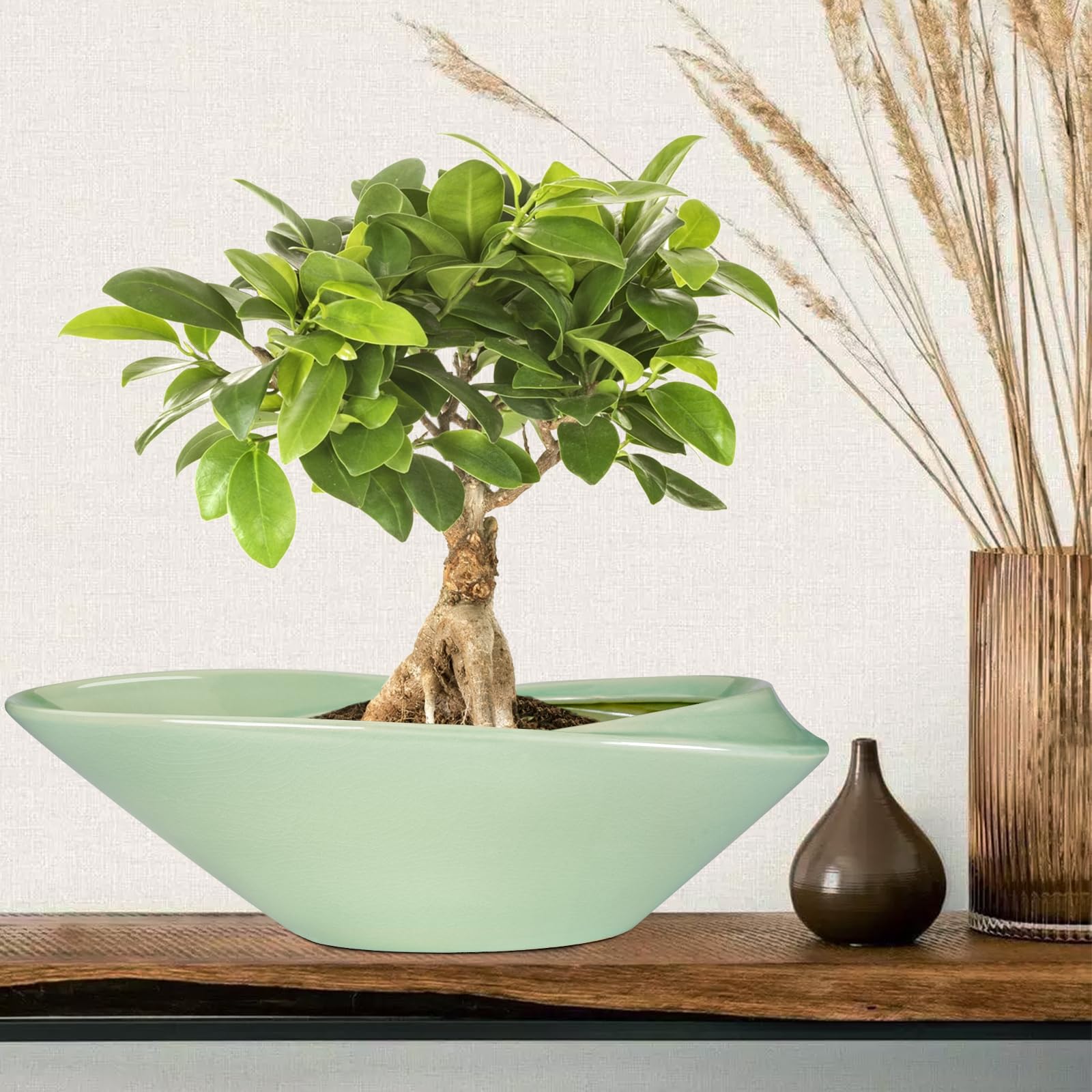 Bonsai-Topf aus Keramik, 45,7 cm, Pflanzgefäß mit Ablaufloch, großer moderner Bonsai-Pflanzgefäß, dekorativer Sukkulenten-Blumentopf für Zimmerpflanzen, Outdoor, Grün