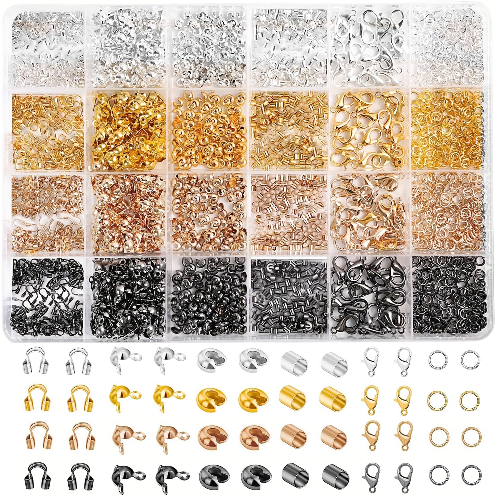 Bikasun 2160 Pcs Jewellery Clasps Set, with Lobster Clasps, Crimp Covers, Open Rings, Tubular Crimp Beads, Semicircular Crimp Beads, U-Shaped Cable, Bracelet Clasps Necklace Clasps for DIY Craft