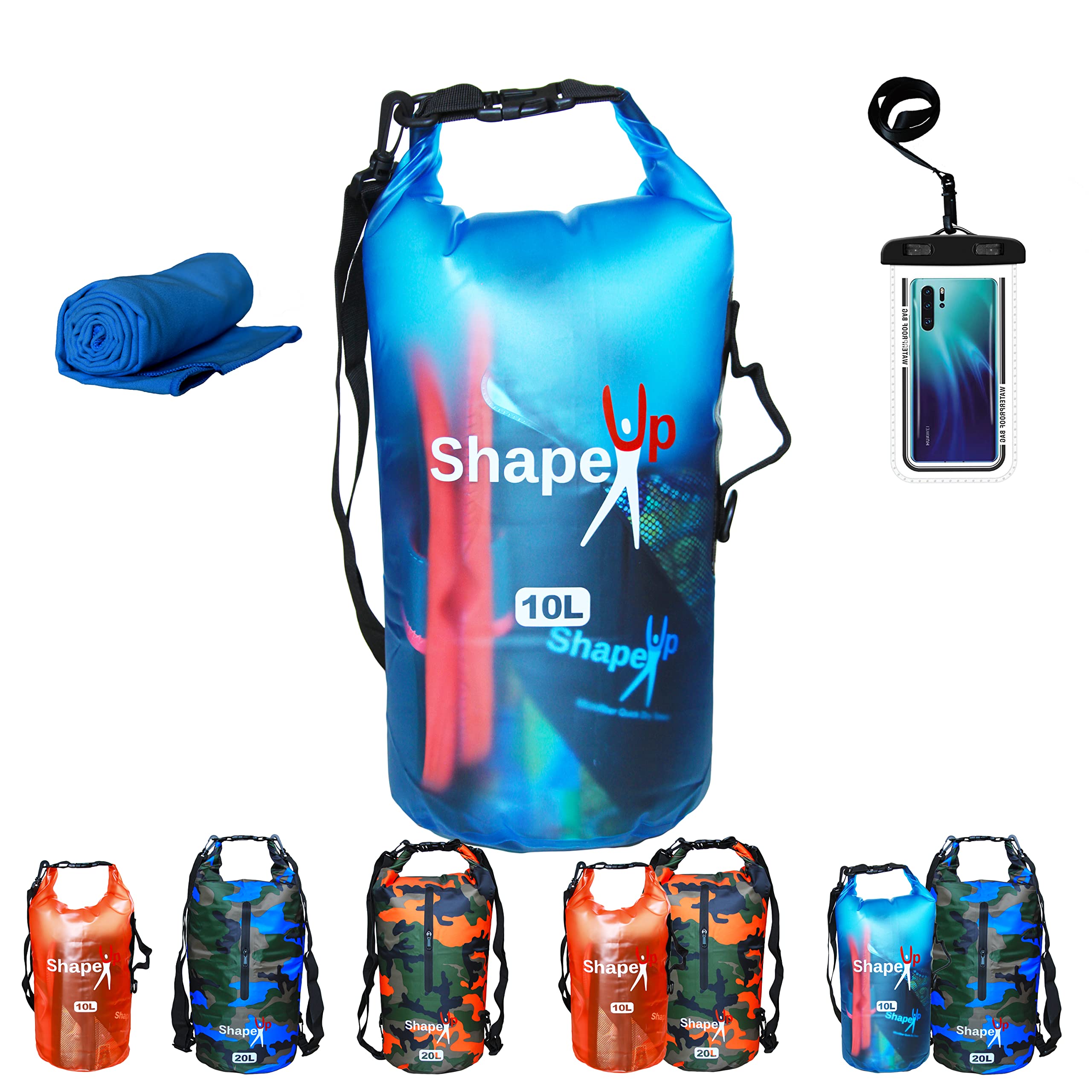 Waterproof Marine Dry Bag Backpack PVC 500 Tarpaulin 20L with pocket & 10L Shoulder Strap Roll Top Floating Dry Sack Boating Swimming with Towel & Phone Case (10, Transparent Blue, 1)