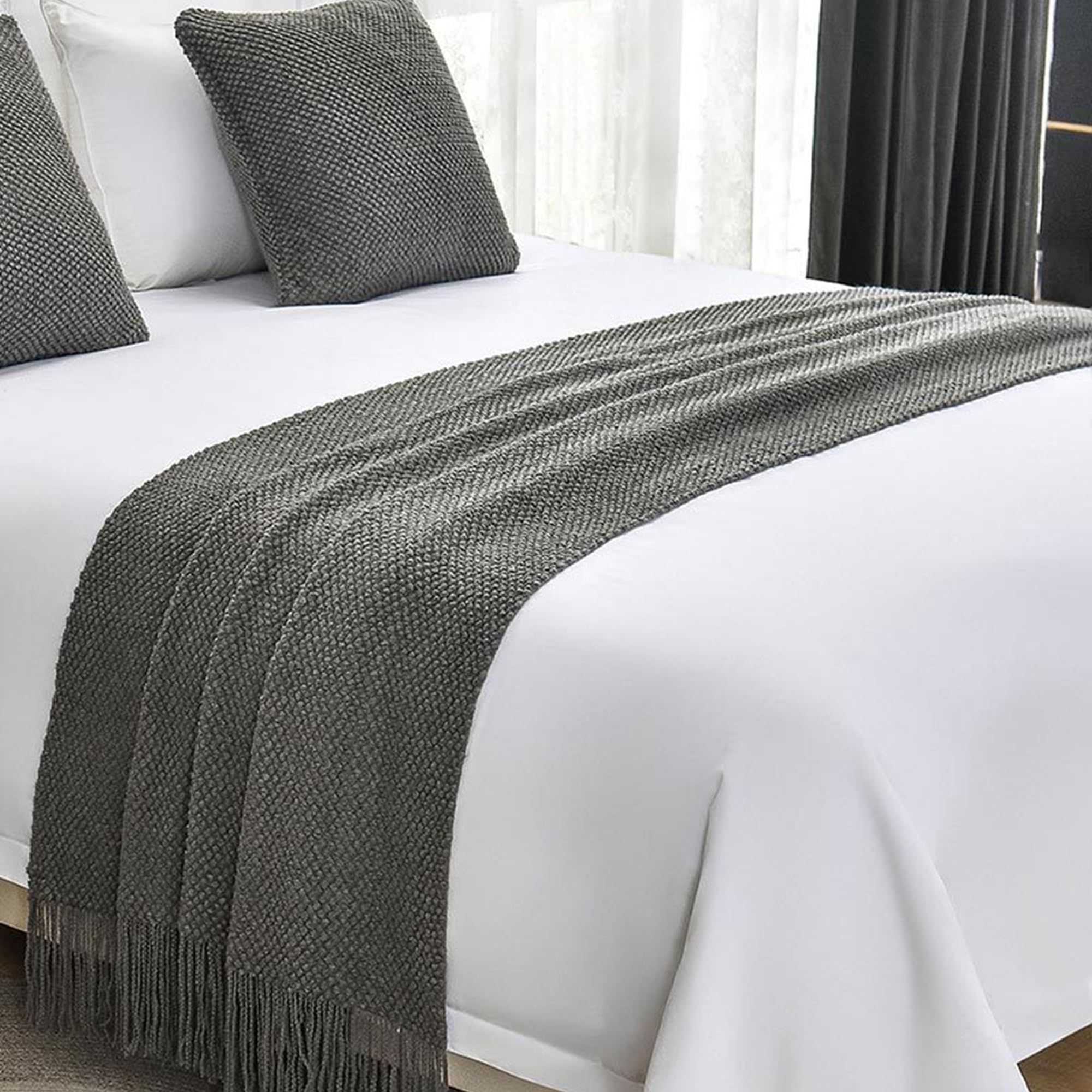 nstvifu Knit Bed Runners for King Size Bed, Solid Color Bed Scarf with Tassel, Boho Woven Bed Scarves No Fading Soft Bed Throw Blanket for Bedroom