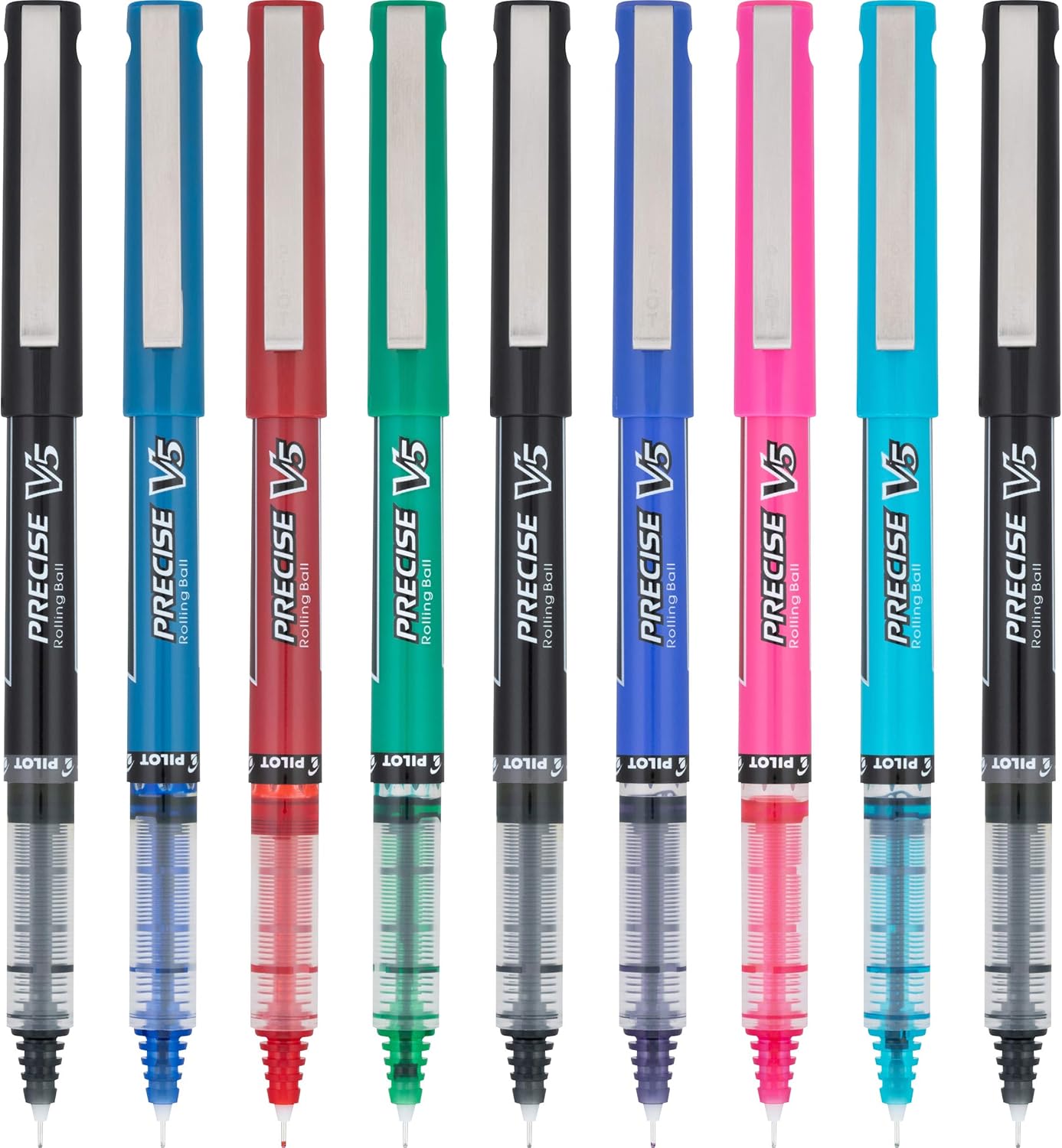 PILOT Precise V5 Stick Liquid Ink Rolling Ball Stick Pens, Extra Fine Point (0.5mm) Assorted Ink Colors, 9-Pack (26024)