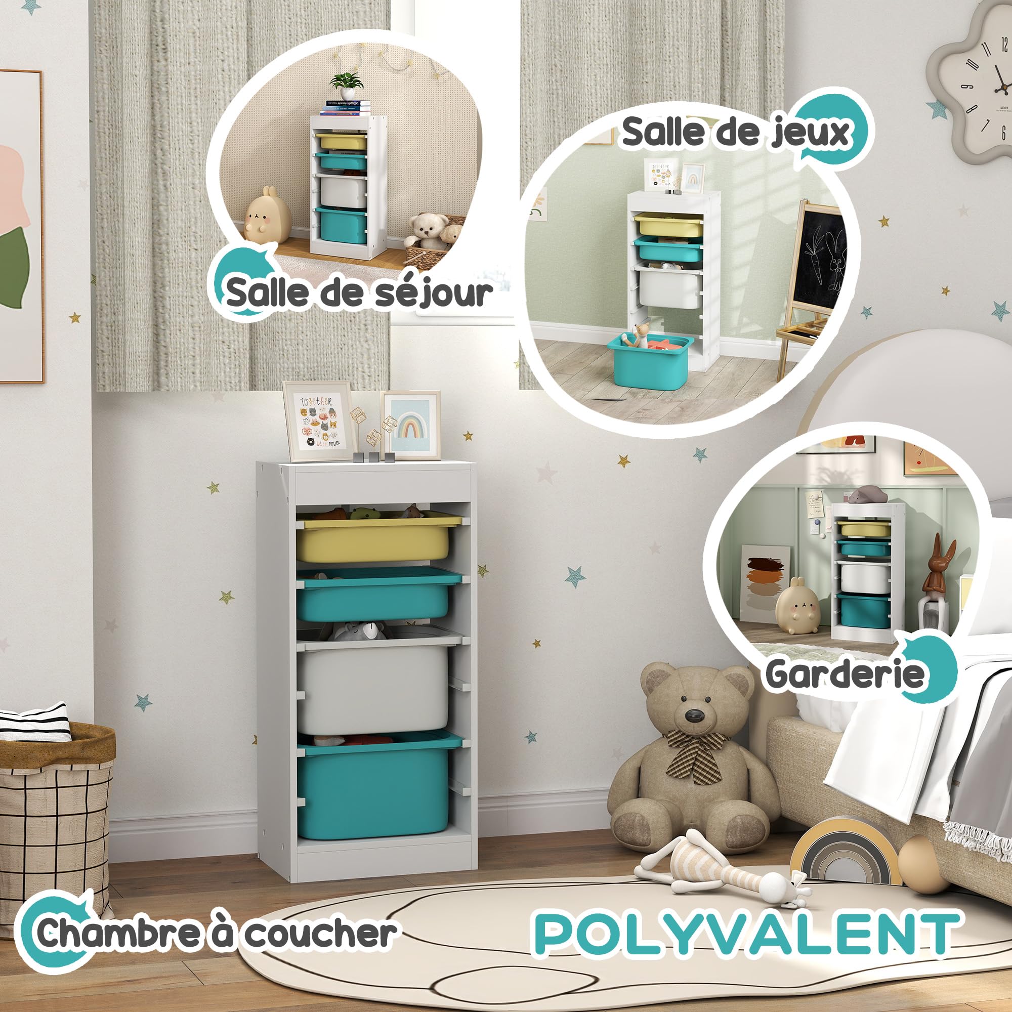AIYAPLAY Storage System Children's Storage Cabinet Toy for Books and Creative Items with 4 Storage Boxes for Living Room Children's Room 41 x 30 x 90.5 cm White