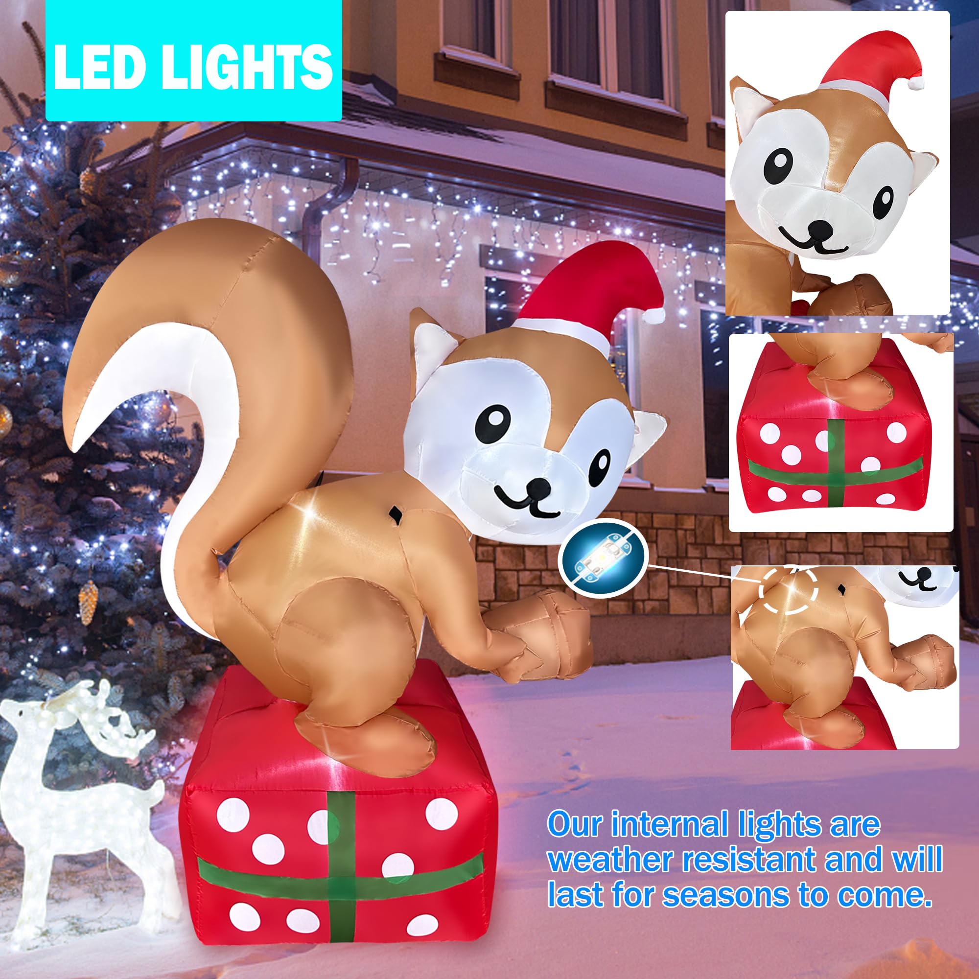 JOYEASE Écureuil gonflable de Noël de 1,5 m debout sur une boîte cadeau, décorations de Noël gonflables à DEL pour fête, intérieur ou extérieur