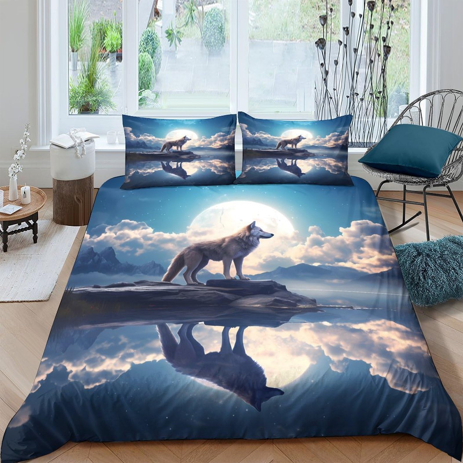 Ctjqhvkz Style-10 3D Printed Wolf Moonlight Fitted Sheet Microfiber Soft Slip Resistant Nature Reflection Mattress Cover For Bedroom Decor Single（135X200cm）