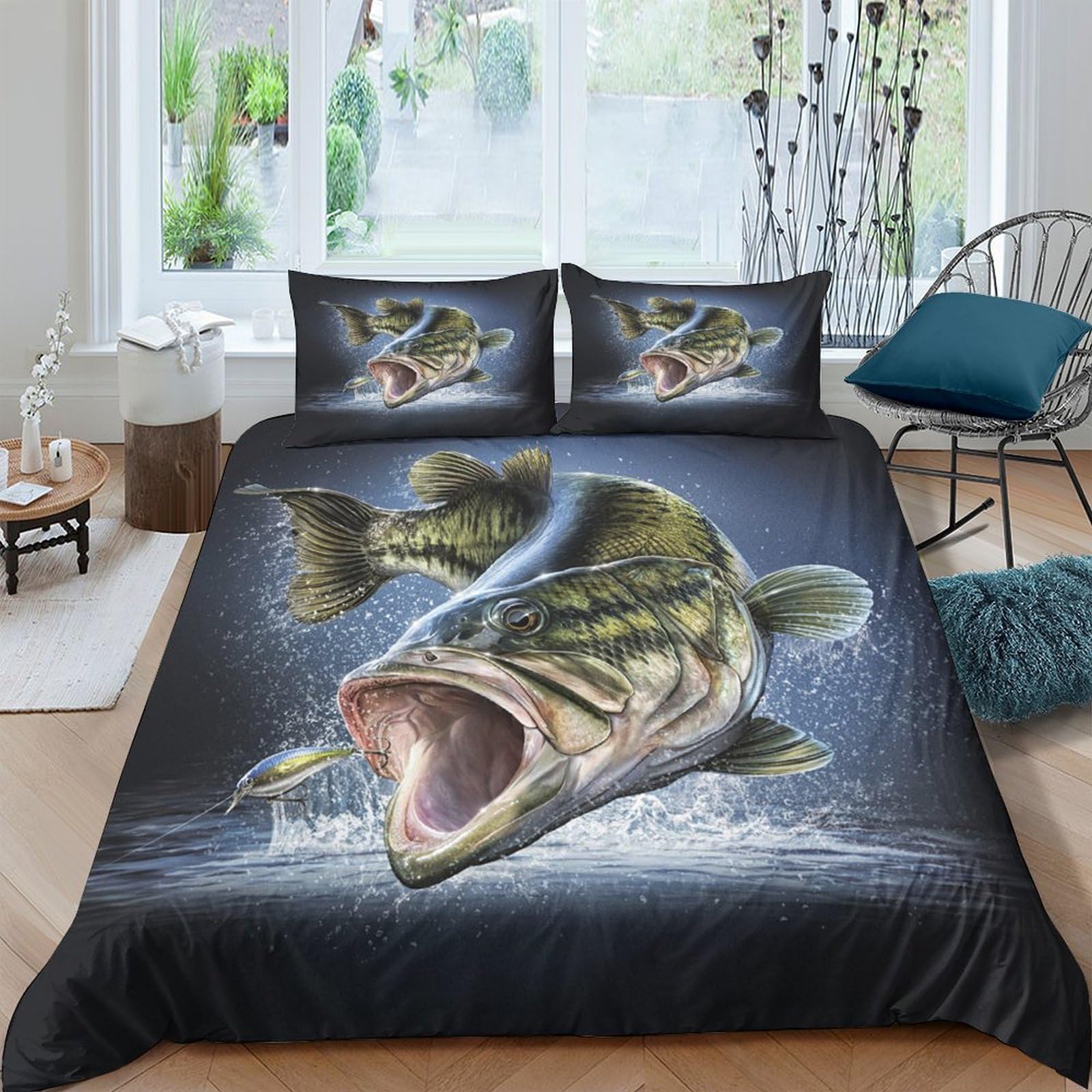 P5V6M1Q9 3D Printed Lifelike Fish Duvet Cover Microfiber Soft Breathable Water Splash Bedding Set with 2 Pillowcases for Bedroom Decor Single（135x200cm）