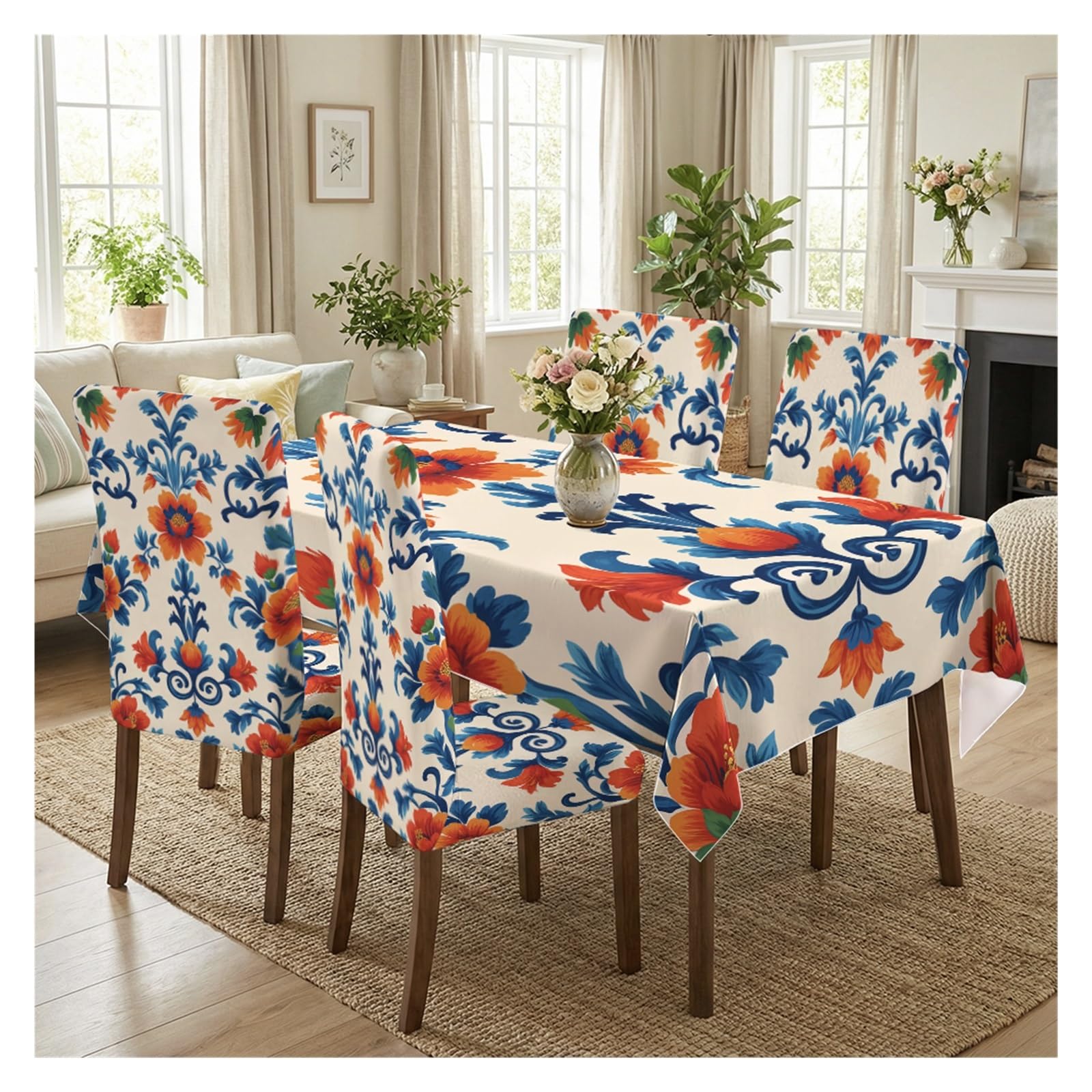 BOSUYBN Vibrant Folk Floral Dining Tablecloth & Chair Cover Set, 5/7 Piece Retro Ornate Scroll Print For Bright Refined Home Dining Table Setting(5pcs Set: Tablecloth+Chair Covers)