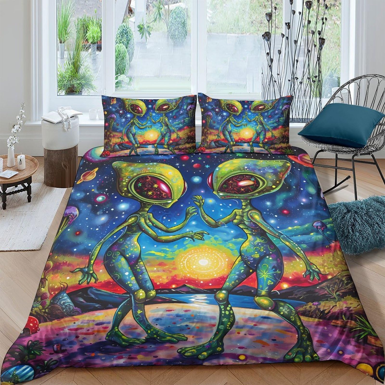 Ctjqhvkz Style-4 3D Printed Psychedelic Alien Art Fitted Sheet Microfiber Vibrant Sunset Bed Cover Anti-Slip Machine Washable Decor Single（135X200cm）