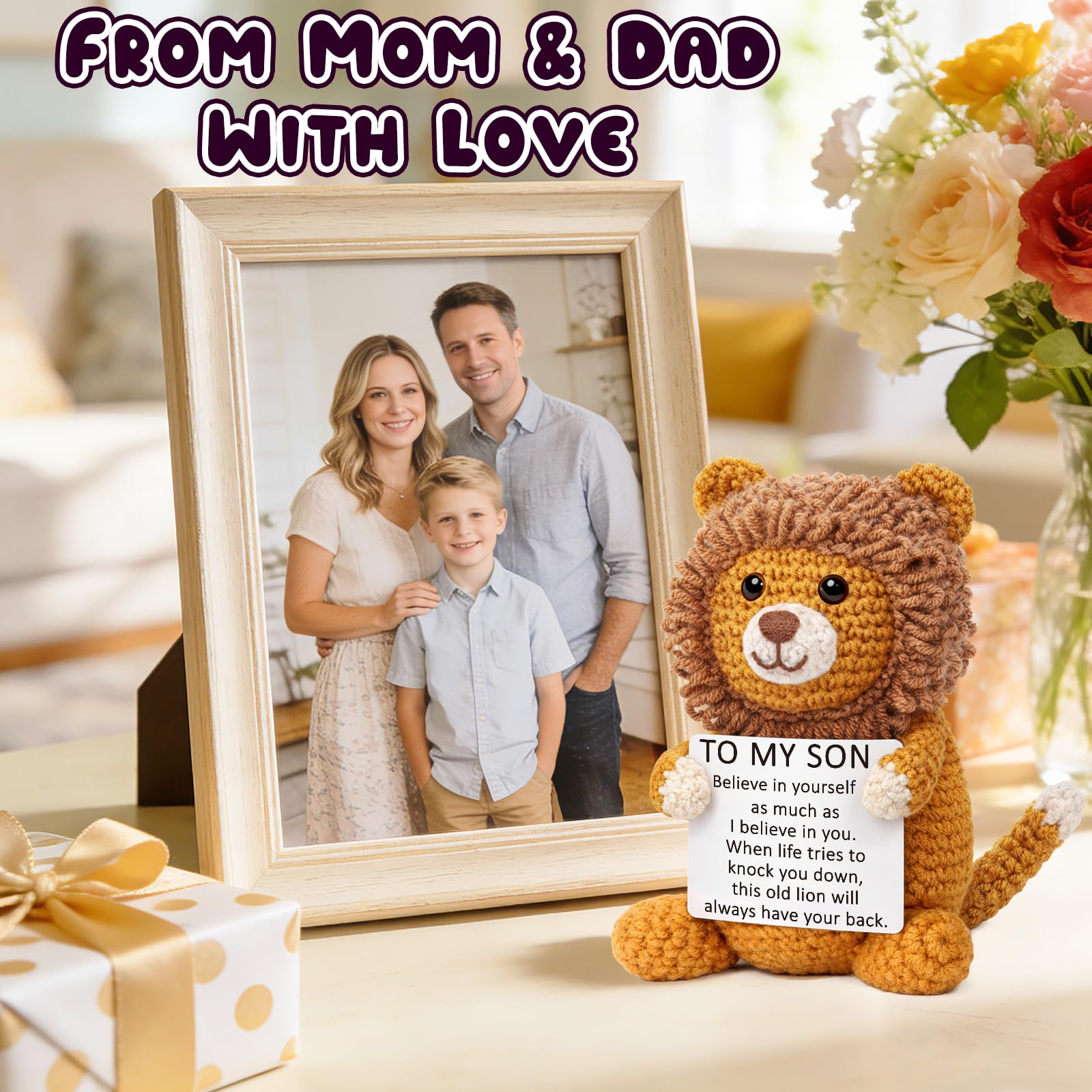 Son Gifts from Mom, Graduation Birthday Crochet for Teen Boy College Military Adult, Lion Encouragement Present to My Son from Mother Dad Father, Inspirational Keepsake Gift Desk Decorations