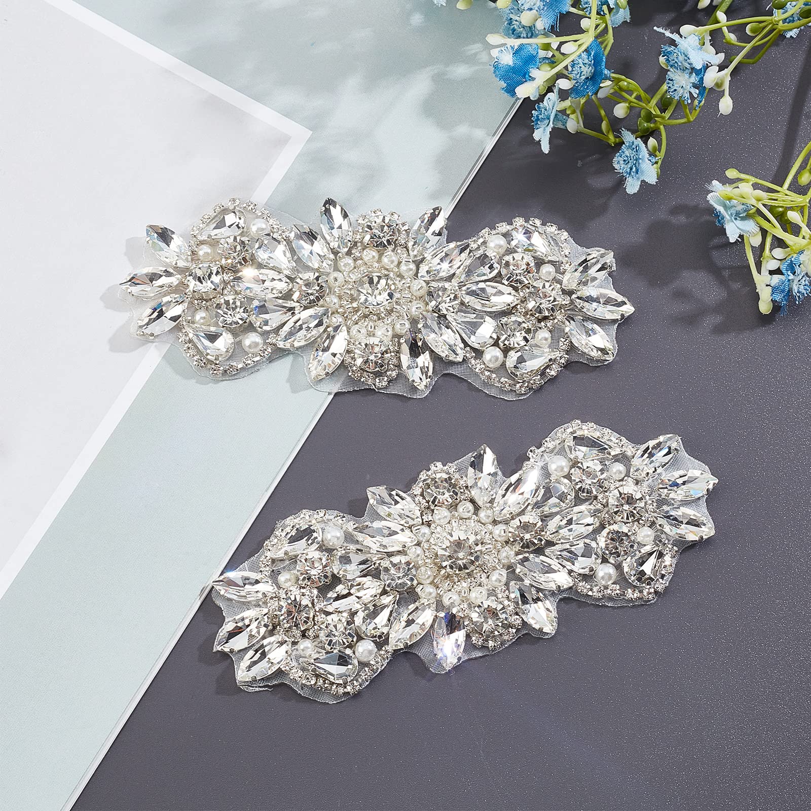 Applique Con Strass E Perline Per Abito Da Sposa – Toppa Ricamata 28x11 Cm, Elegante E Luccicante (1 Paio)