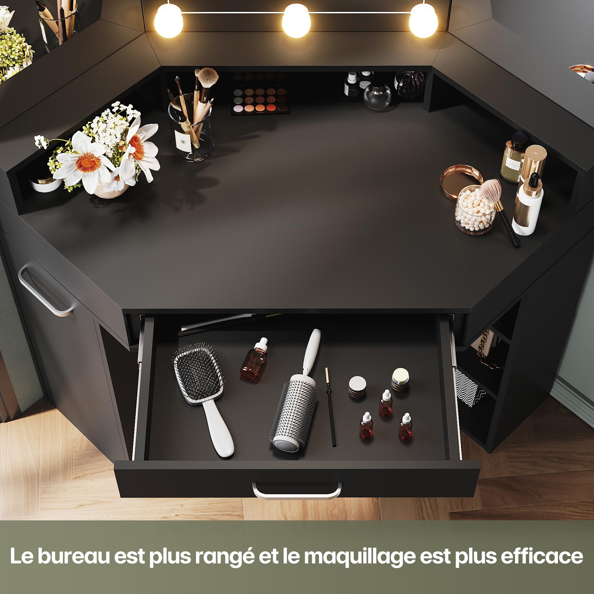 SIRHONA Coiffeuse d'angle avec lumière LED Réglable, Coiffeuse avec 2 étagère 3 Tiroirs, Table de Maquillage Noir pour Chambre à Coucher 111 x 54 x 141.5 cm