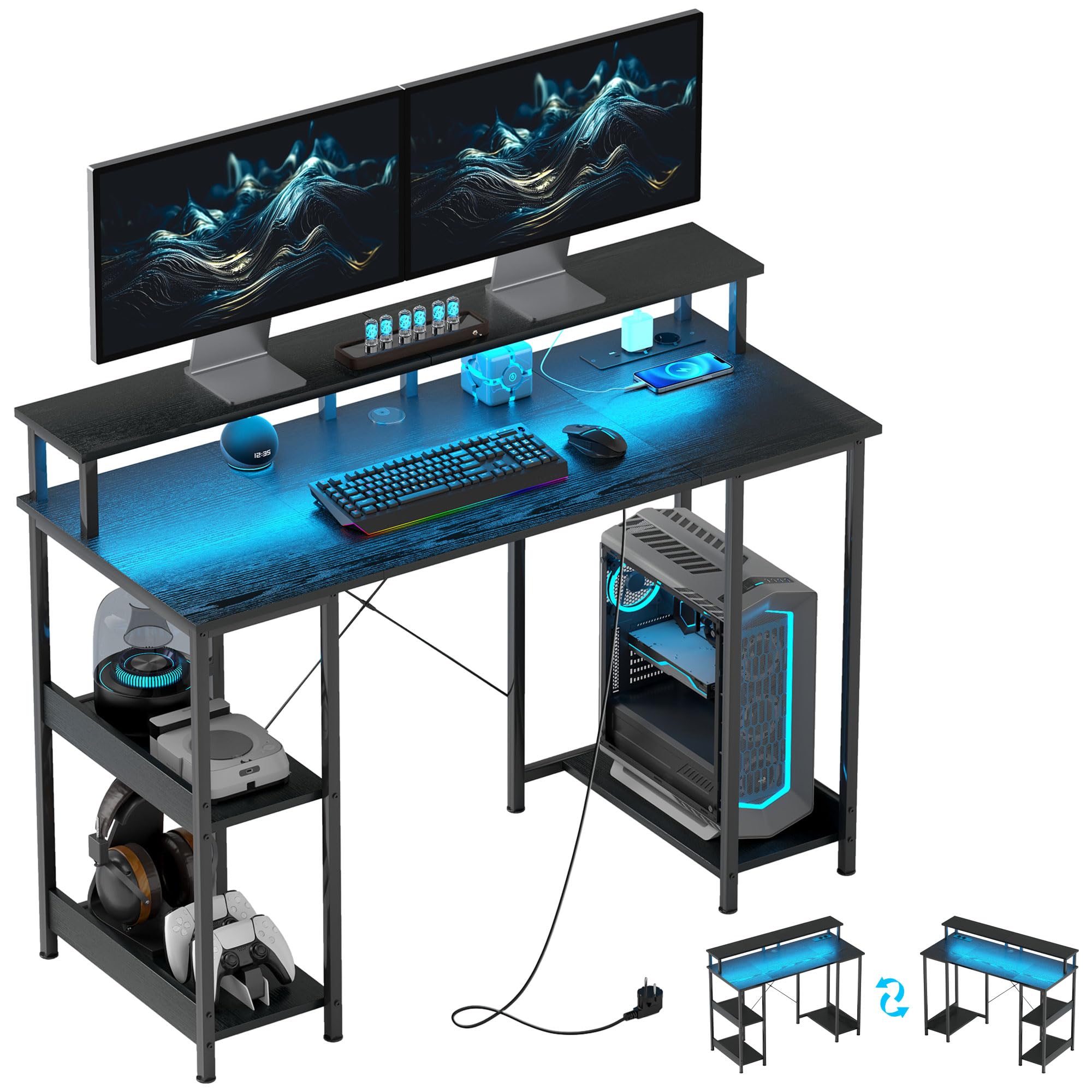 HOMCOM Scrivania per Computer Reversibile Ripiani, 120x50 cm Scrivania da Ufficio con Prese Elettriche e Luci LED, Tavolo Porta PC da Studio con Doppio Supporto per Monitor, Nero