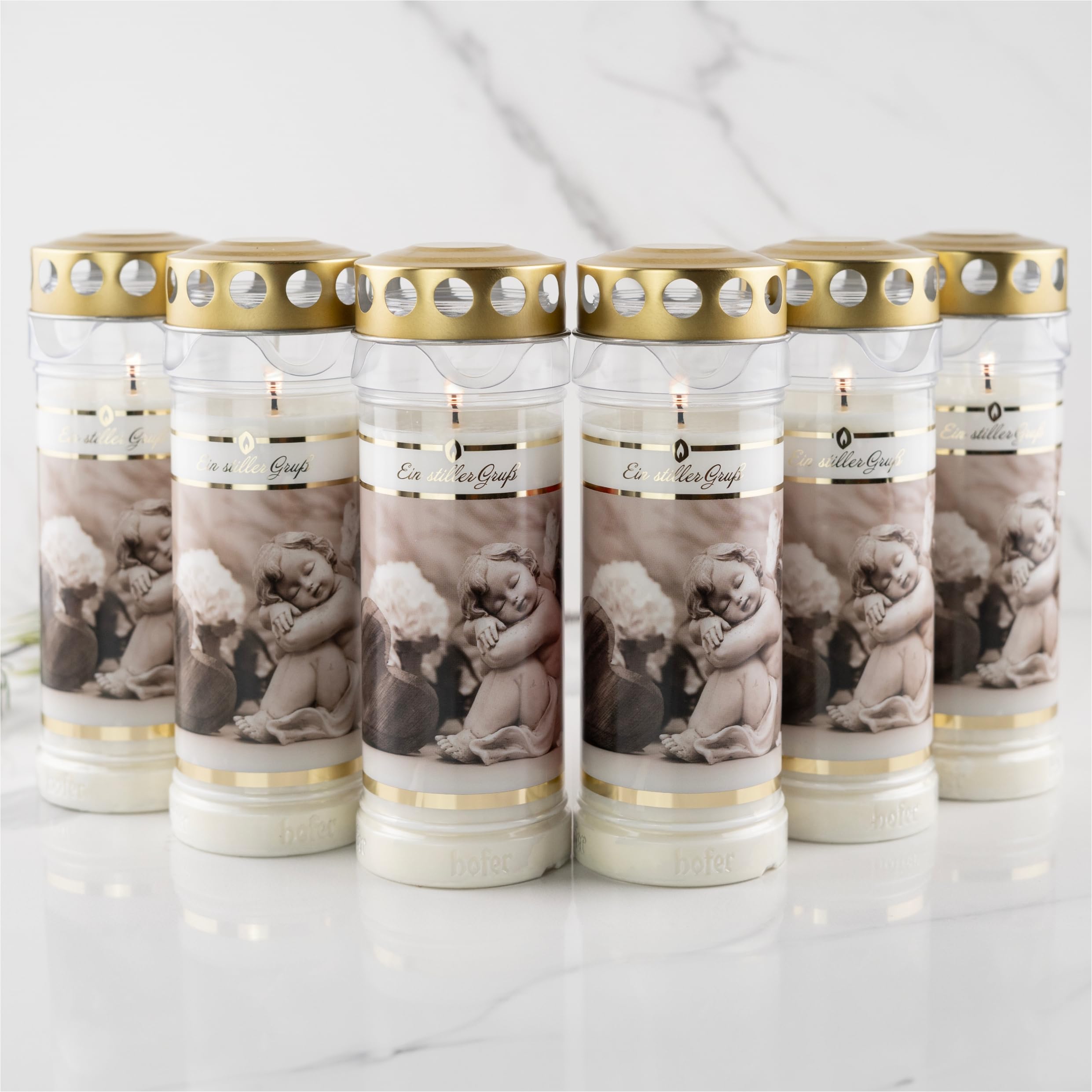 Hofer Lot de 6 bougies funéraires - Durée de combustion de 7 jours - L'original [un salut silencieux] - Résistantes à la pluie - Avec couvercle - Bougie funéraire avec motif et inscription - Bougies