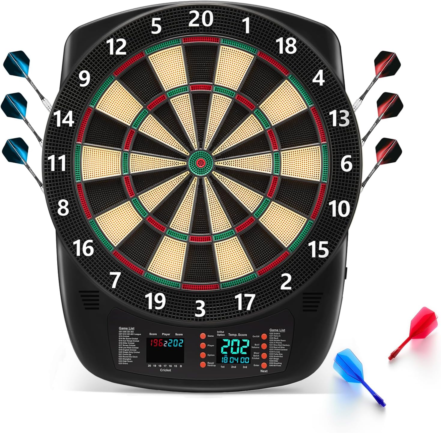 Electronic Dartboard Set with Colorful LED Displays, Soft Tip Cricket Dart Board AC & Batteries - Including 6 Darts, 130 Tips,6 Integrated Dart Tail, 2.5m Extended Power Adapter