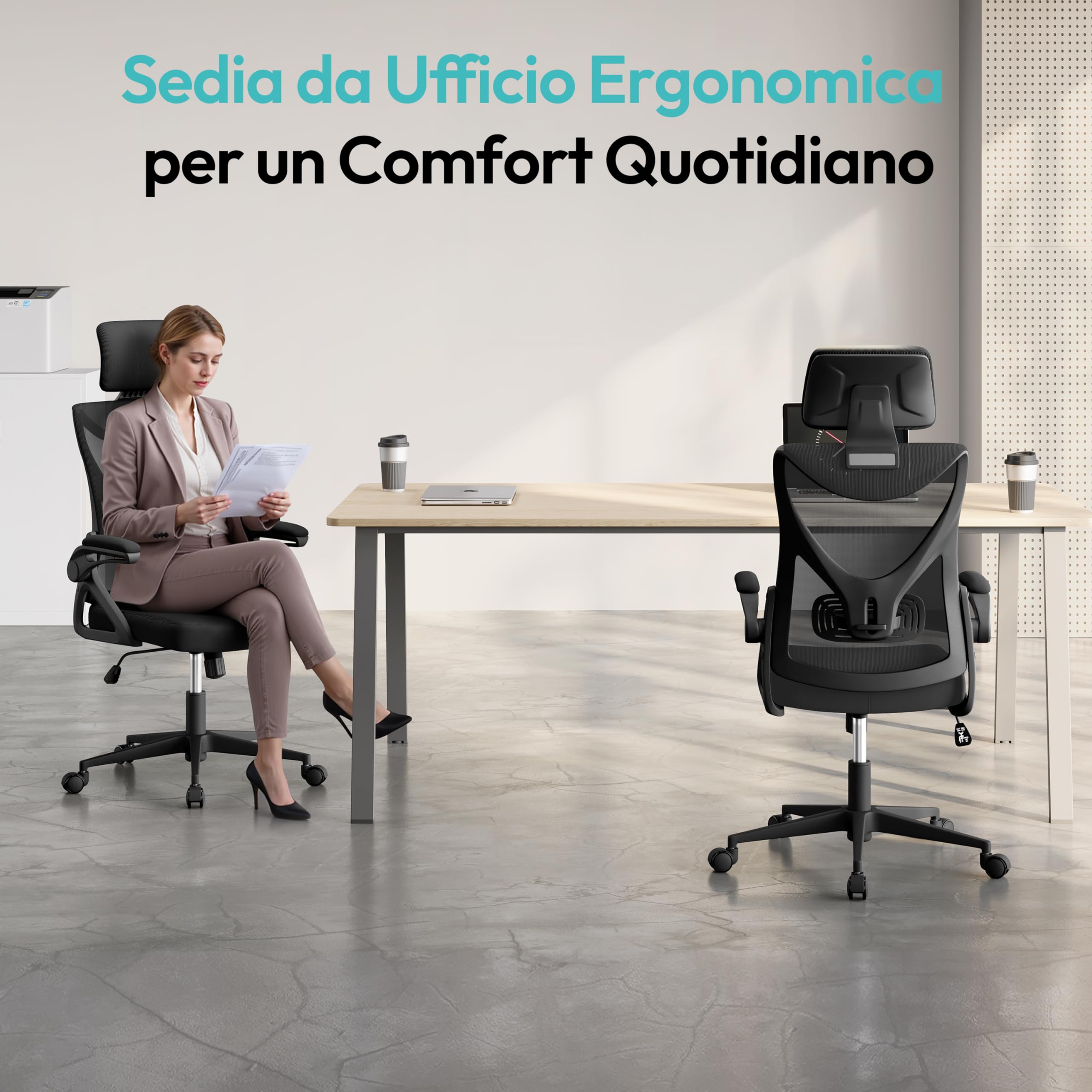 Yaheetech Sedia Ufficio Ergonomica con Braccioli Poggiatesta Regolabile Schienale Alto Funzione Dondolo Poltrona Scrivania Girevole in Rete Traspirante con Supporto Lombare Nera